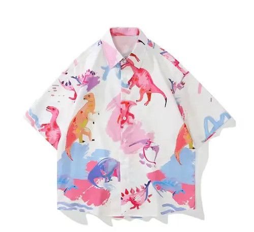 image of Vintage Oil Painting Dinosaur Short Sleeve Shirt in White, Men's (Size Large)