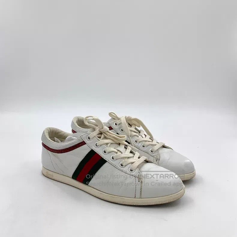 Gucci Gucci White striped webbing lace-up casual flat board shoe Size US 5.5 / IT 35.5 - 2 Thumbnail