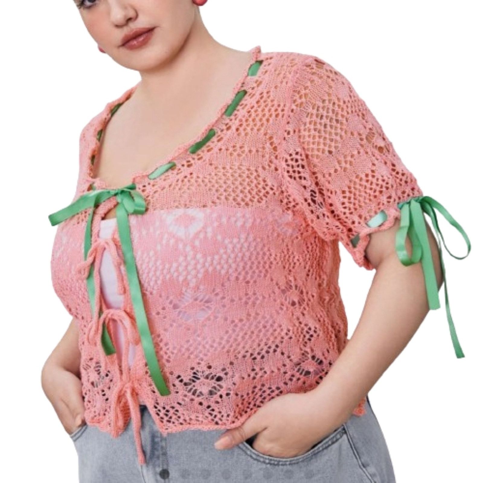 Cider ADORABLE ☆ RIBBONS & CROCHET ☆ PINK & GREEN CARDI ☆ 4xl NWT Size 4XL / US 24-26 - 2 Thumbnail