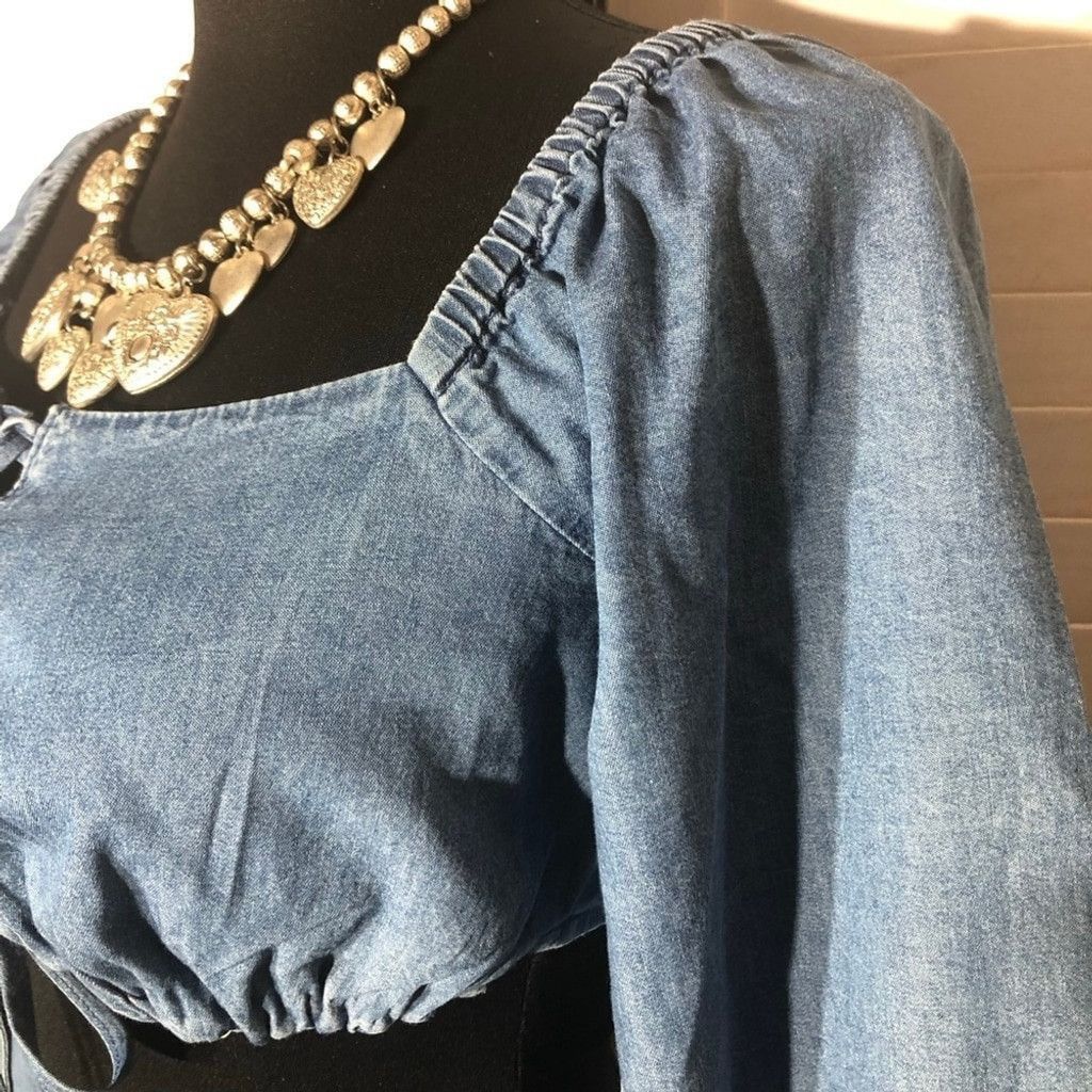 Vintage Cropped Top Front Tie Long Sleeves Chambray Blue sz S Size S / US 4 / IT 40 - 7 Thumbnail