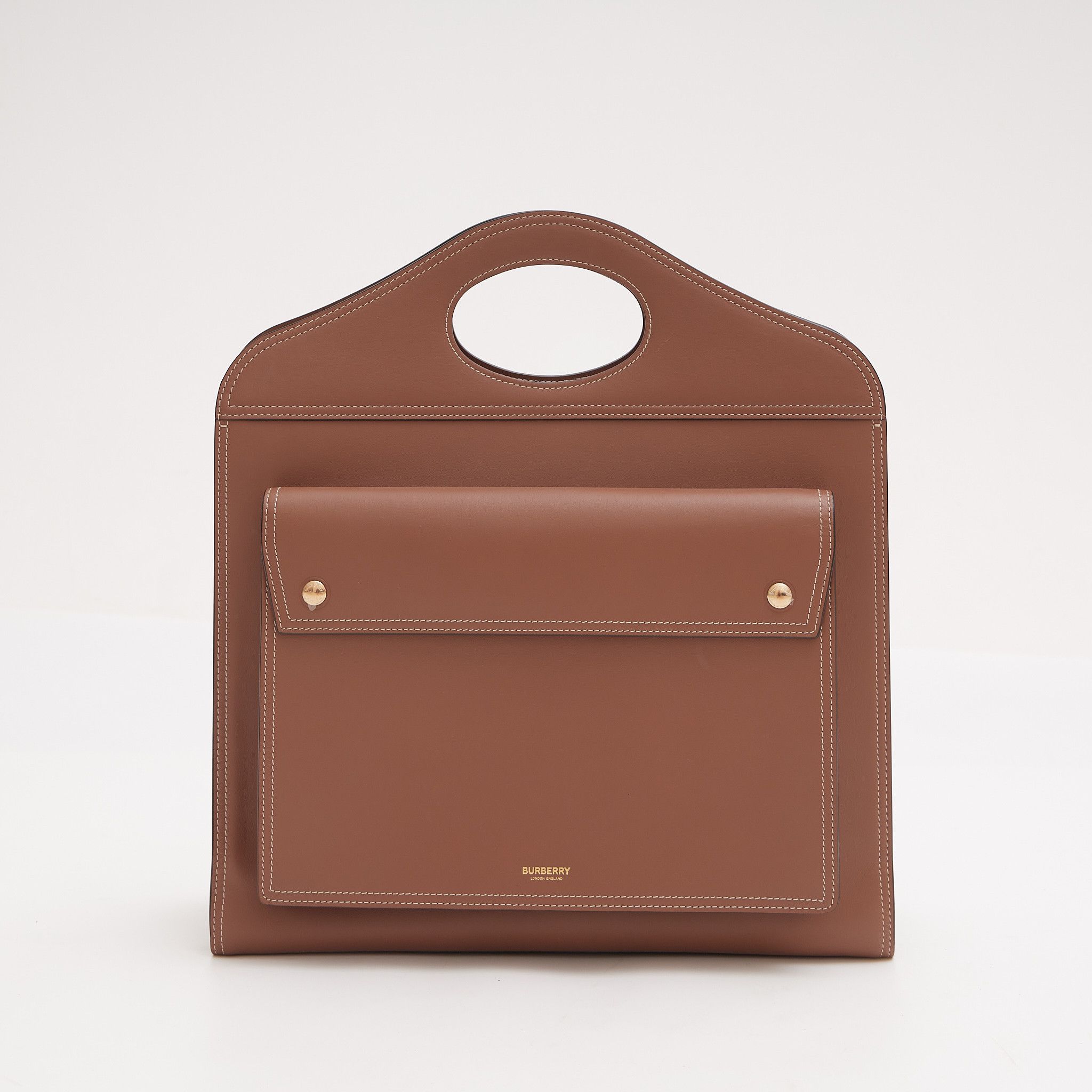 image of Burberry Medium Topstitch Detail Leather Pocket Bag in Brown, Men's