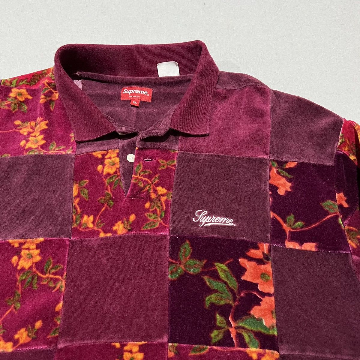 Supreme Supreme Floral Patchwork Velour L/S Polo Cardinal Size US XL / EU 56 / 4 - 2 Thumbnail