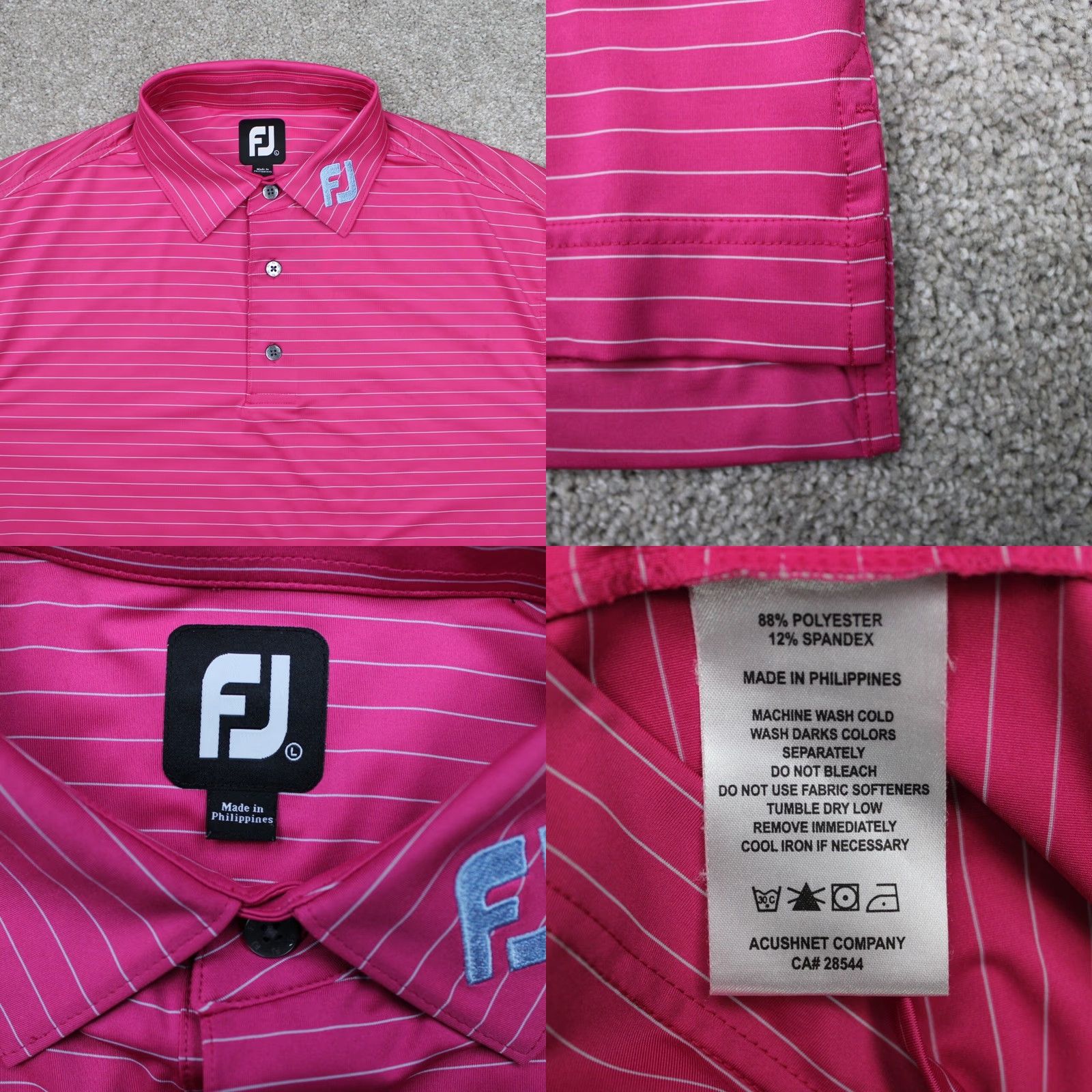 Footjoy FootJoy Polo Shirt Mens Large Pink/White Striped Polyester Stretch S/S Golf Size US L / EU 52-54 / 3 - 8 Thumbnail