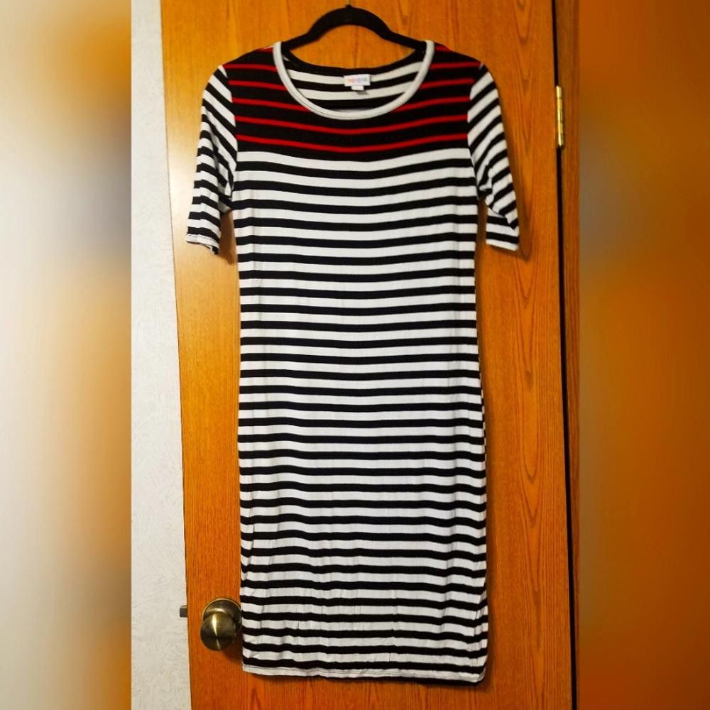 Designer Lularoe Striped Black and White Dress with Red Accents Small Size S / US 4 / IT 40 - 1 Thumbnail