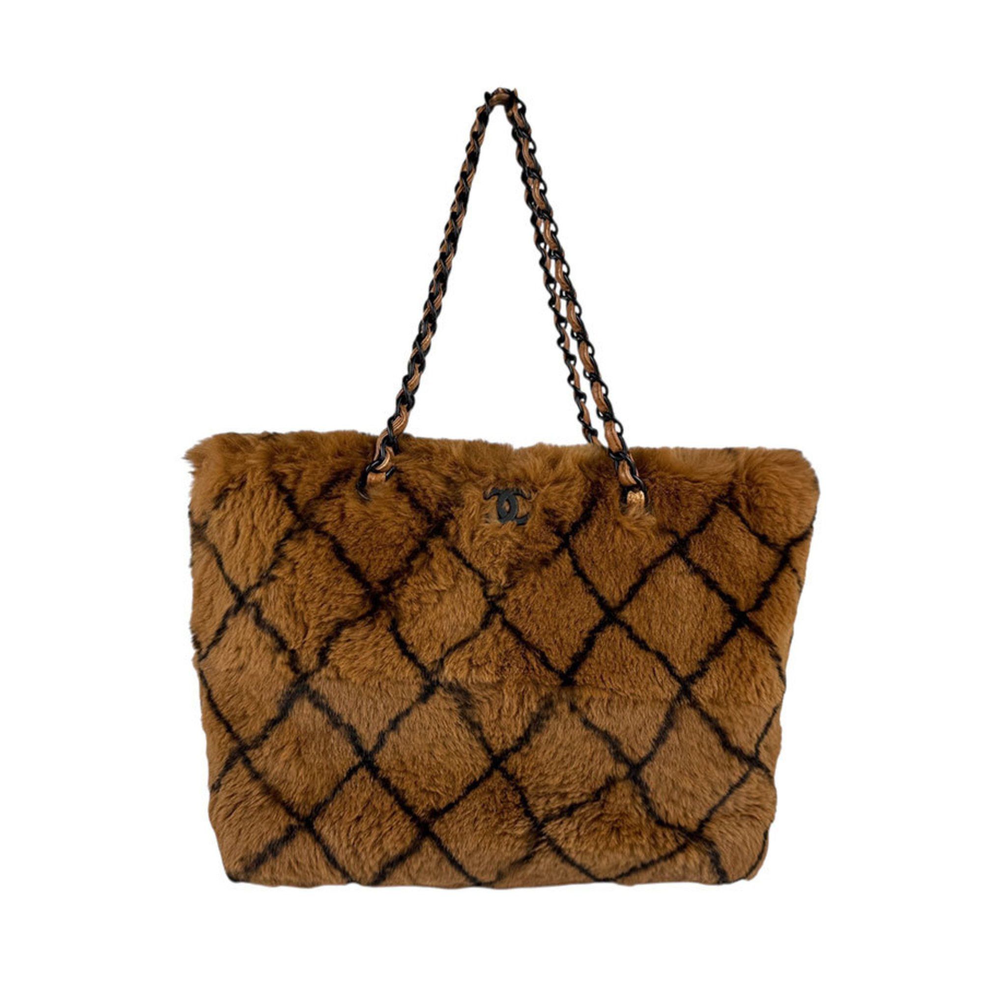 Chanel Shoulder Bag Tote Fur Leather Brown Black Women's Z5269