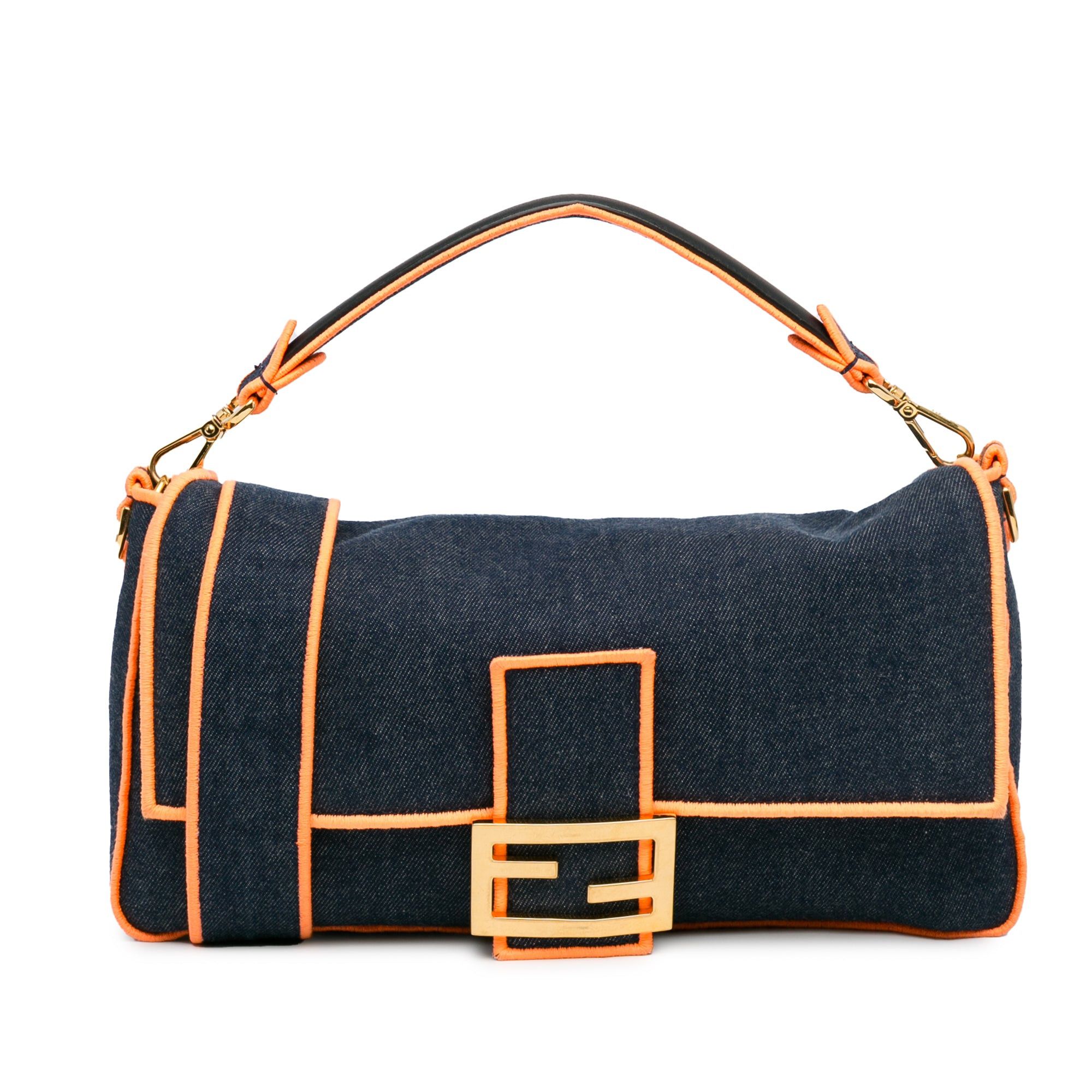 Fendi Large Denim Baguette Satchel Blue