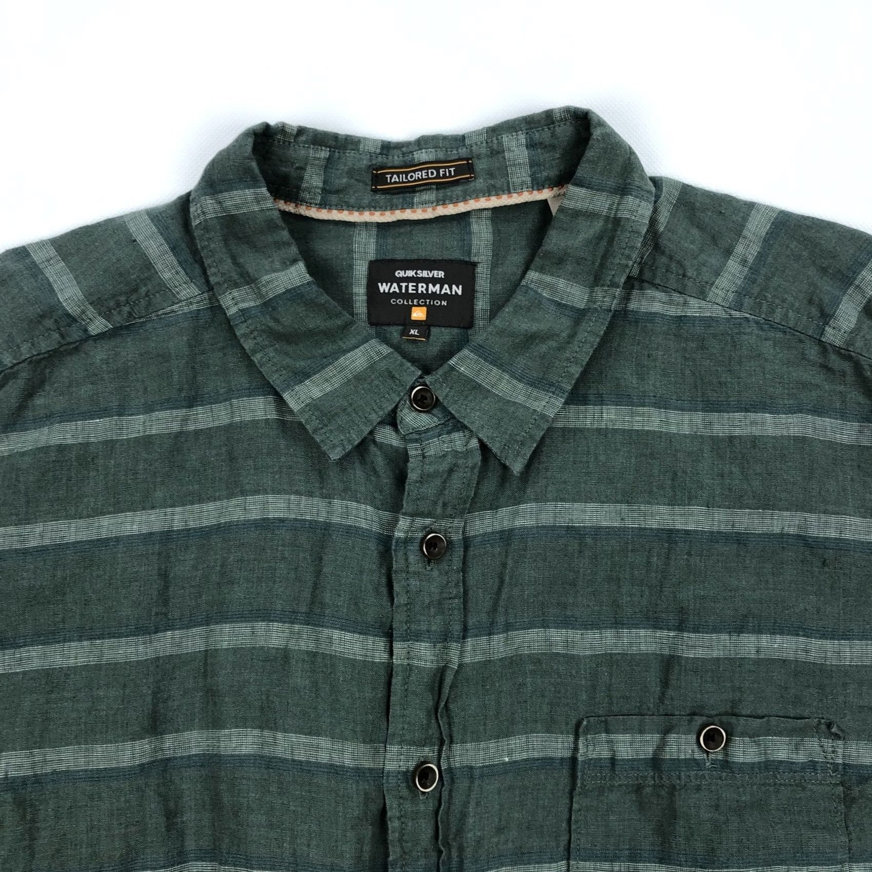 Quiksilver Quiksilver Waterman Collection Men's XL Green Stripe Tailored Fit Linen Coastal Shirt Times 3 Button Pocket Beach Outdoor Modern Size US XL / EU 56 / 4 - 2 Thumbnail