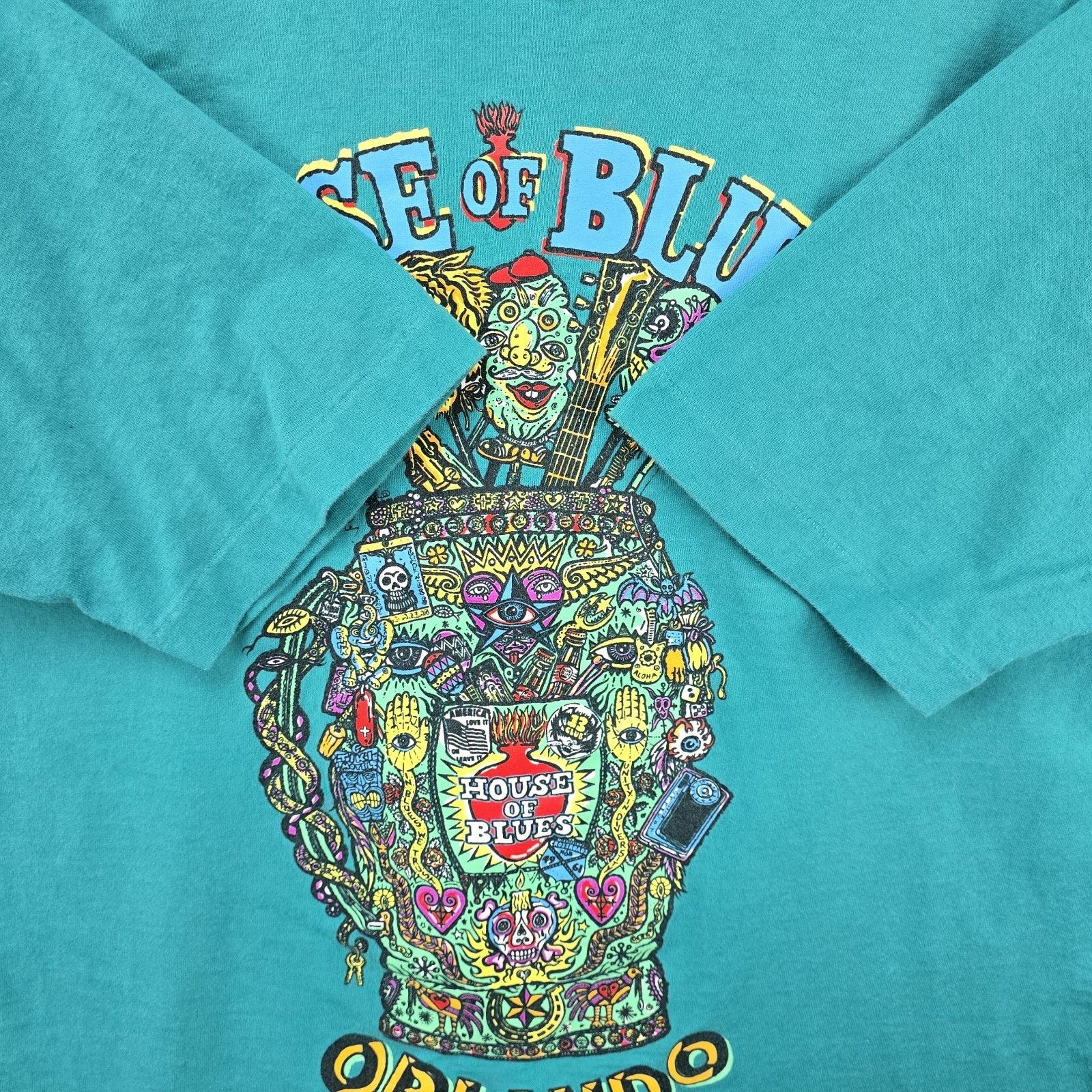 Fruit Of The Loom Vintage House Of Blues Shirt Mens XL Green Orlando 90s Size US XL / EU 56 / 4 - 4 Thumbnail