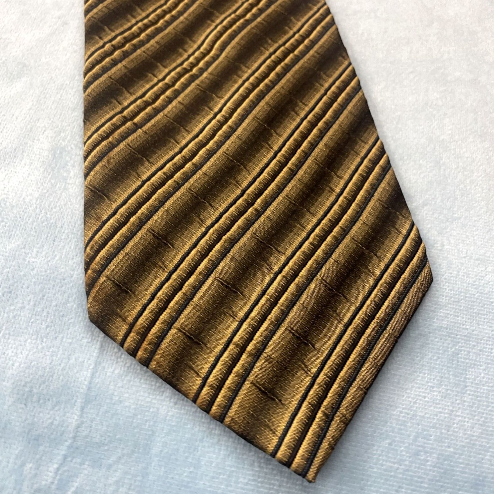 Martine Ali VINTAGE Martinelli Silk Pleated Repp Tie Yellow Gold Gray Striped 3.5" 58" Mens Tie Size ONE SIZE - 6 Thumbnail