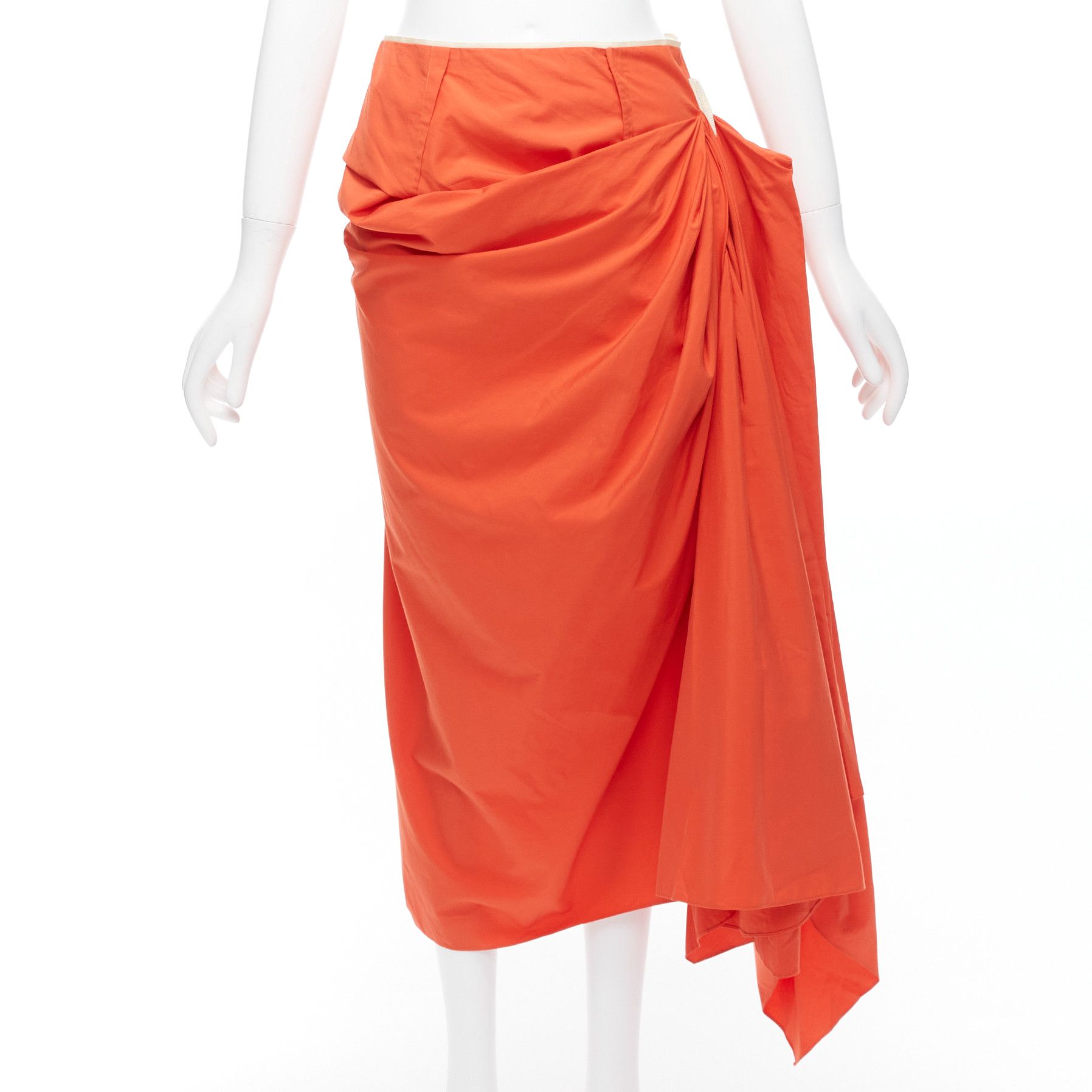 MARNI tangerine orange cotton asymmetric drape pencil midi skirt