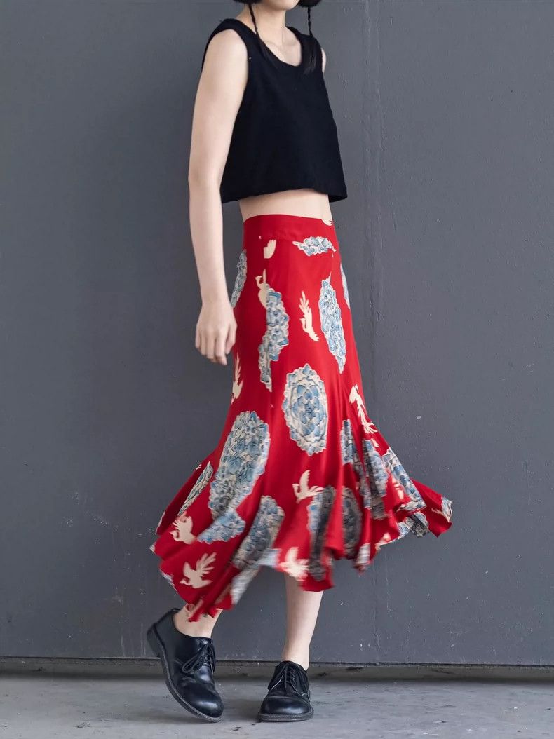 Kenzo KENZO Bird and flower silk irregular skirt vintage Size 25" / US 0 / IT 36 - 3 Thumbnail