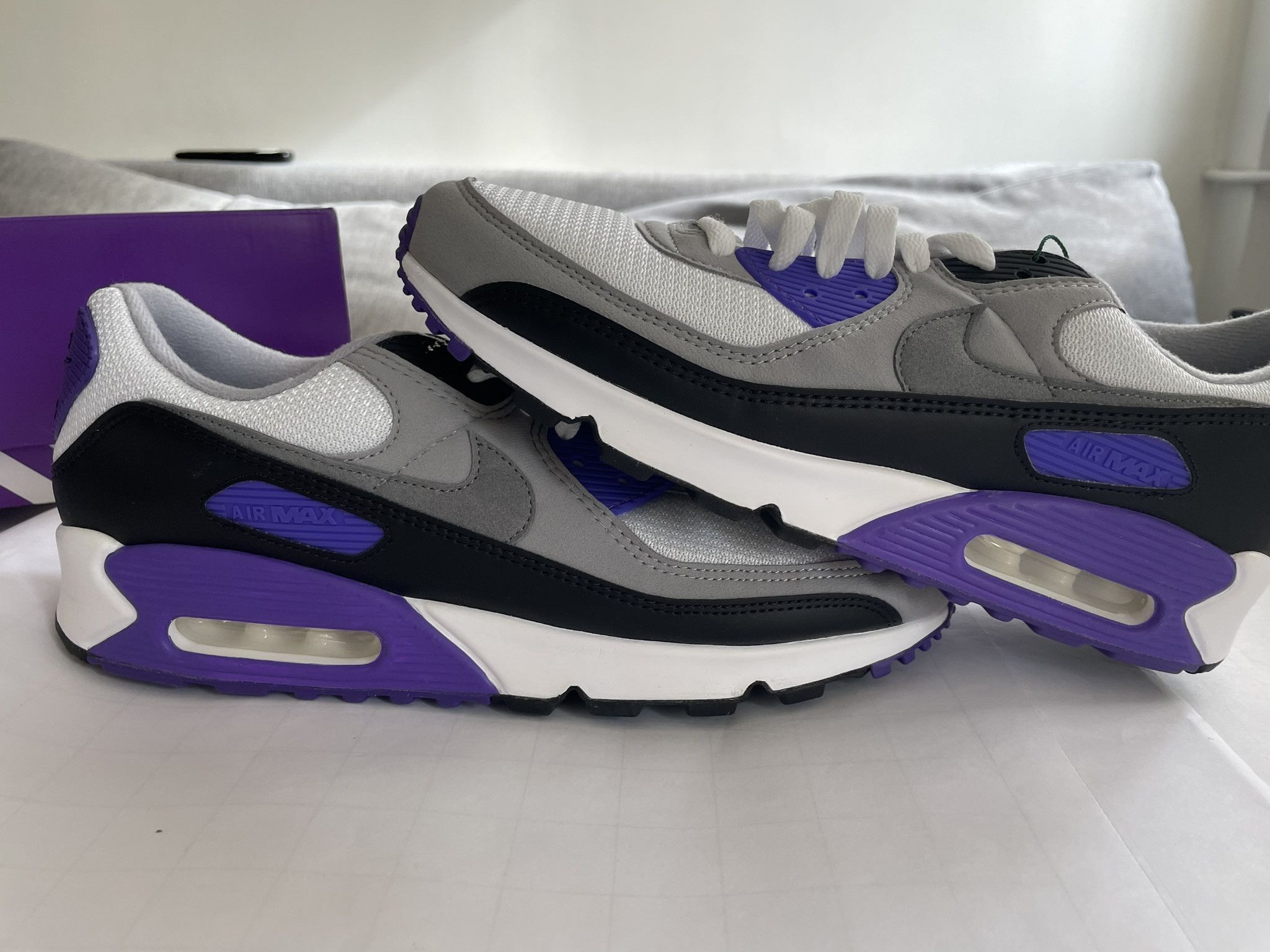image of Nike Air Max 90 Recraft Hyper Grape Shoes in White/Particle Grey/Hyper Grape, Women's (Size 12)