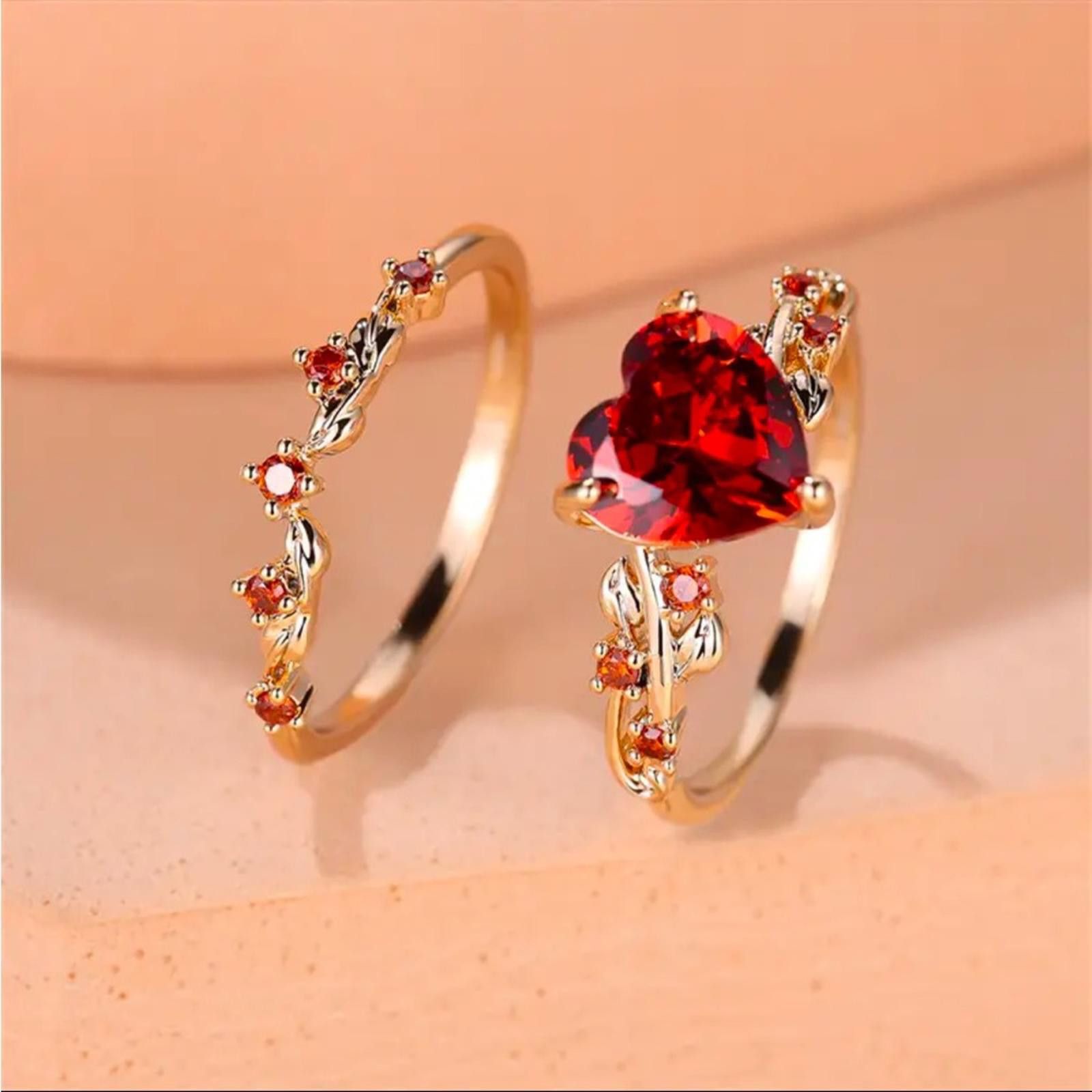 Designer Heart Cut Red Zircon Stone Gold Plated Ring Set SZ 8 Size ONE SIZE - 2 Thumbnail