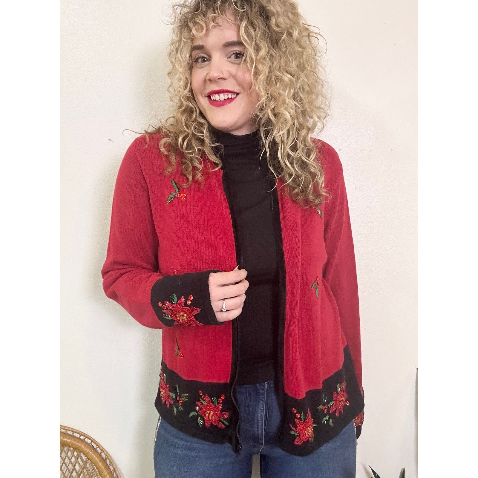 Serengeti Y2K Red Poinsettia Zip Holiday Christmas Cardigan XL Size XL / US 12-14 / IT 48-50 - 1 Thumbnail