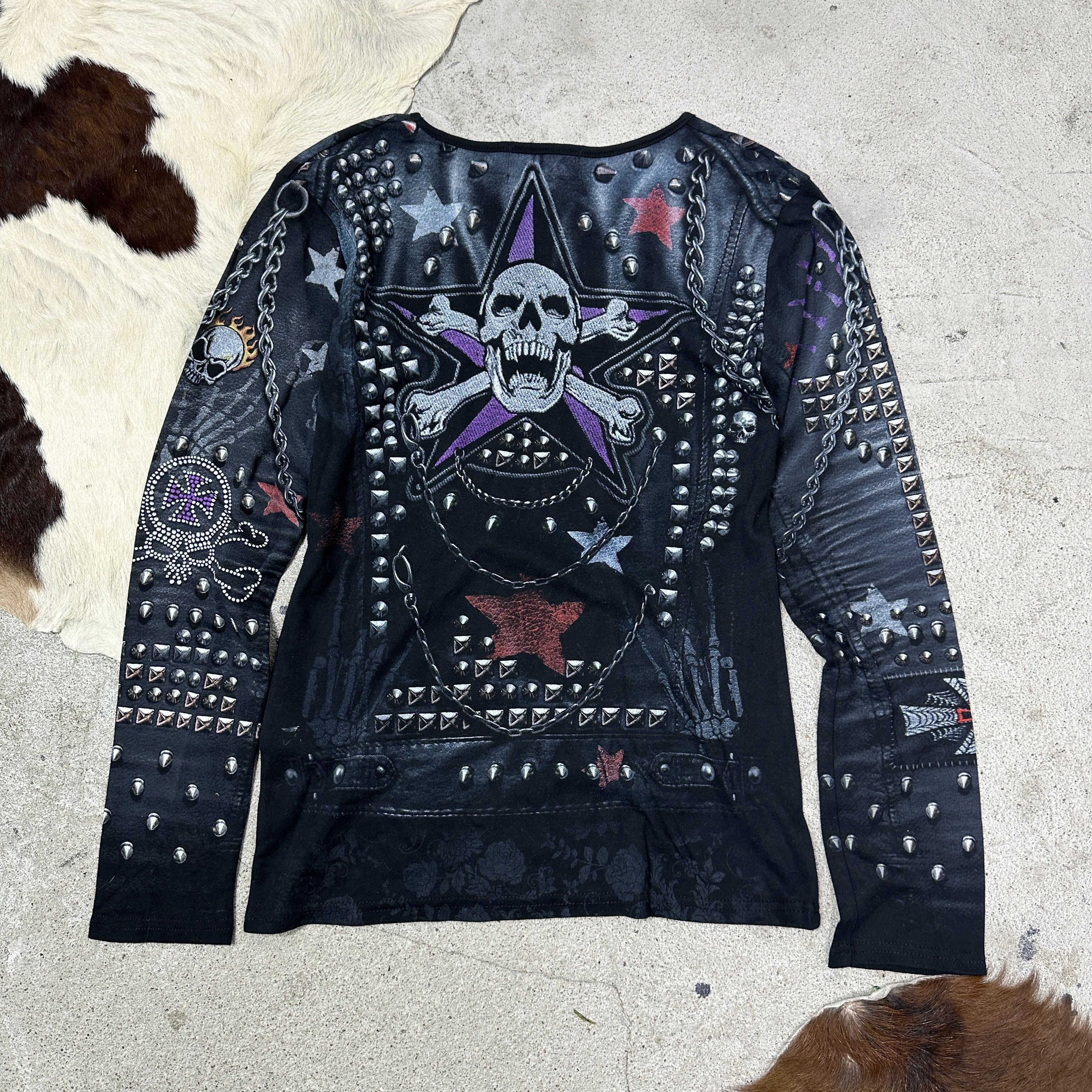 Vintage Vintage Avant Garde Grunge Skull Fullprint Studded Top Y2K Size L / US 10 / IT 46 - 5 Thumbnail