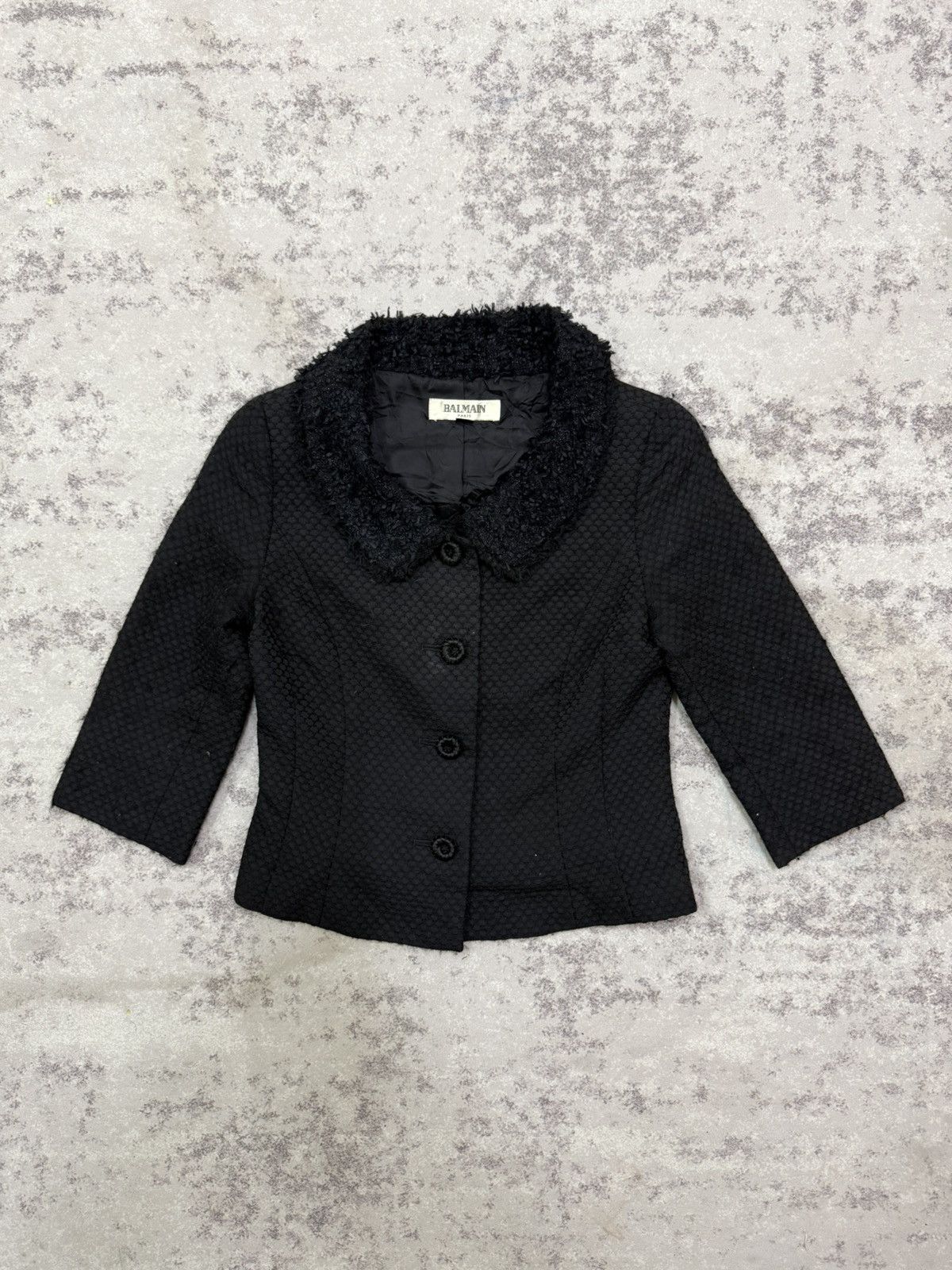 Balmain BALMAIN BLACK TEXTURED JACKET FUR COLLAR THREE QUARTER SLEVE Size XS / US 0-2 / IT 36-38 - 3 Thumbnail