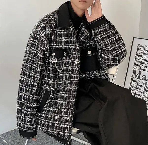 Japanese Brand Kokubu x Asou Black colorblock tweed jacket with chain Size US M / EU 48-50 / 2 - 4 Thumbnail