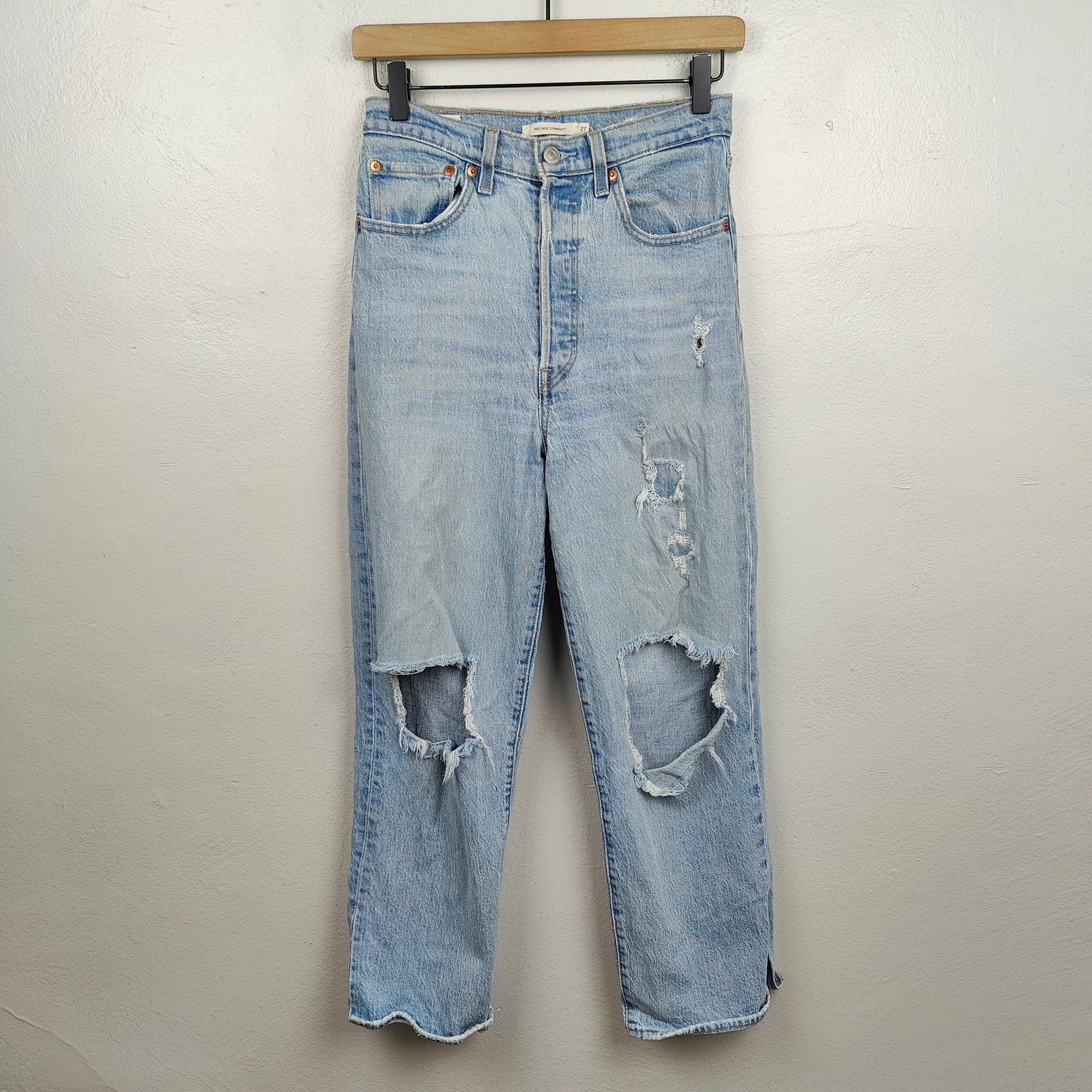 Levi's Levis Ribcage Straight Jeans Womens 27 Light Wash Knee Rips Size 27" / US 4 / IT 40 - 1 Thumbnail