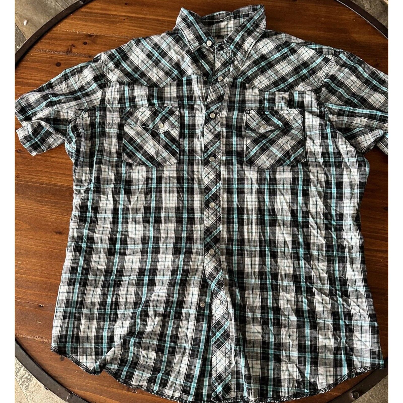 Wrangler WRANGLER Wrancher Shirt LR White/Black/Teal Plaid Pearl Snap Size US L / EU 52-54 / 3 - 3 Thumbnail