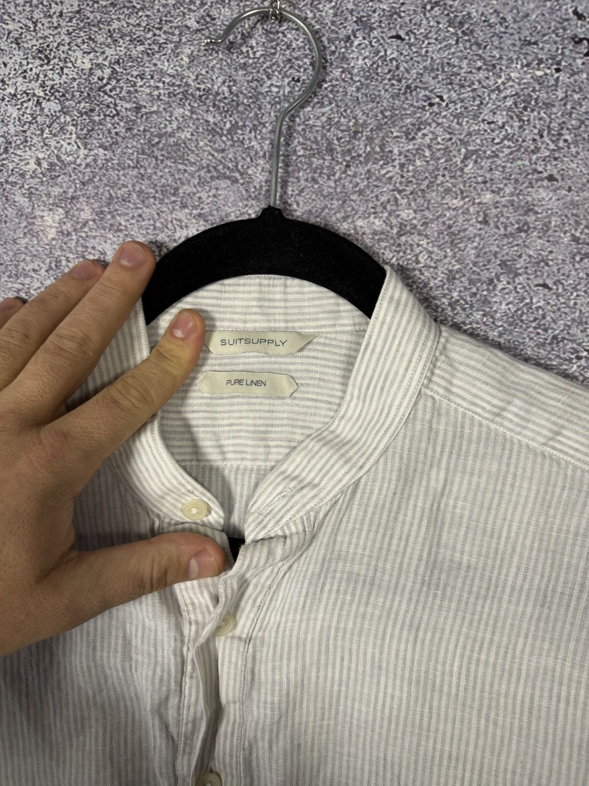 Suitsupply Suitsupply Shirt Gray Stripe Pure Linen Band Collar Popover Size US M / EU 48-50 / 2 - 4 Thumbnail