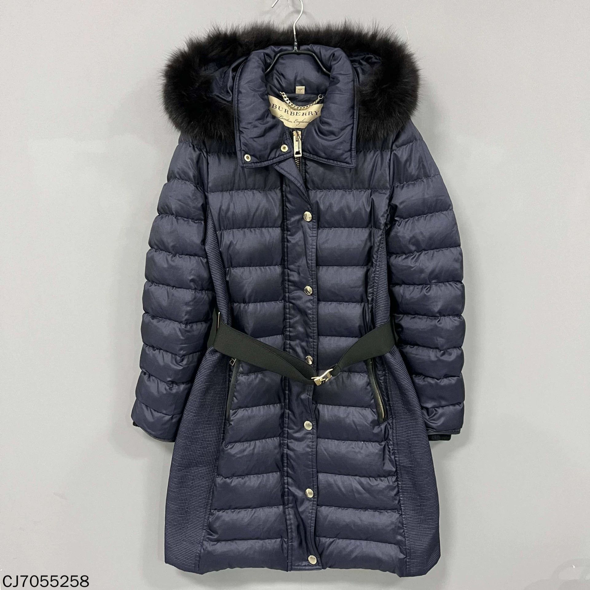 Burberry Navy Fur-Trim Belted Down Jacket in Blue, Women's (Size S)