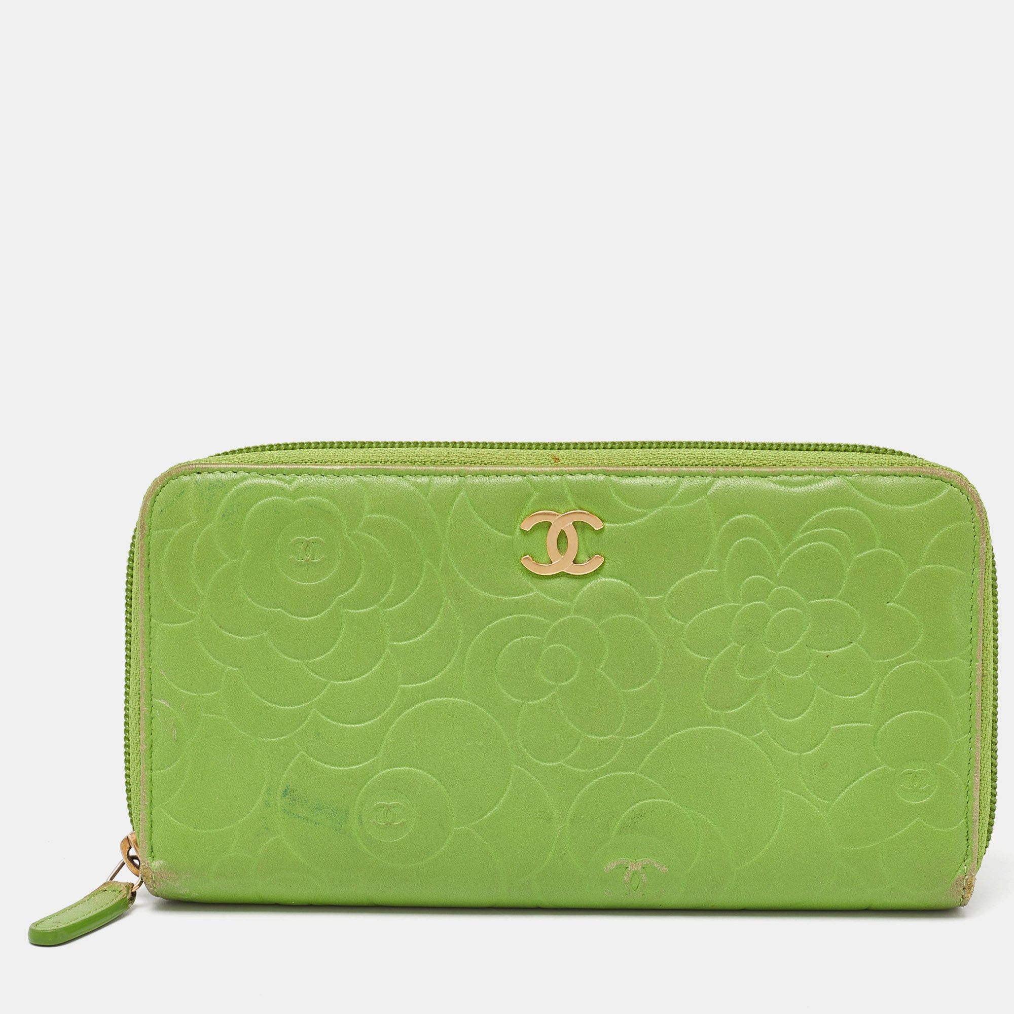 image of Chanel Green Leather Camellia Zip Around Wallet, Women's