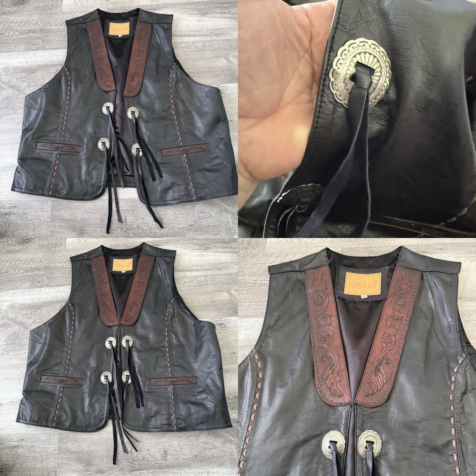 Vintage Kobler Leather Vest Mens 2XL Black Tooled Lapels Fringe Antique Finish Leather Vest Open Pockets Skull All Seasons Regular 2XL Mens Christmas? Size US XXL / EU 58 / 5 - 8 Thumbnail