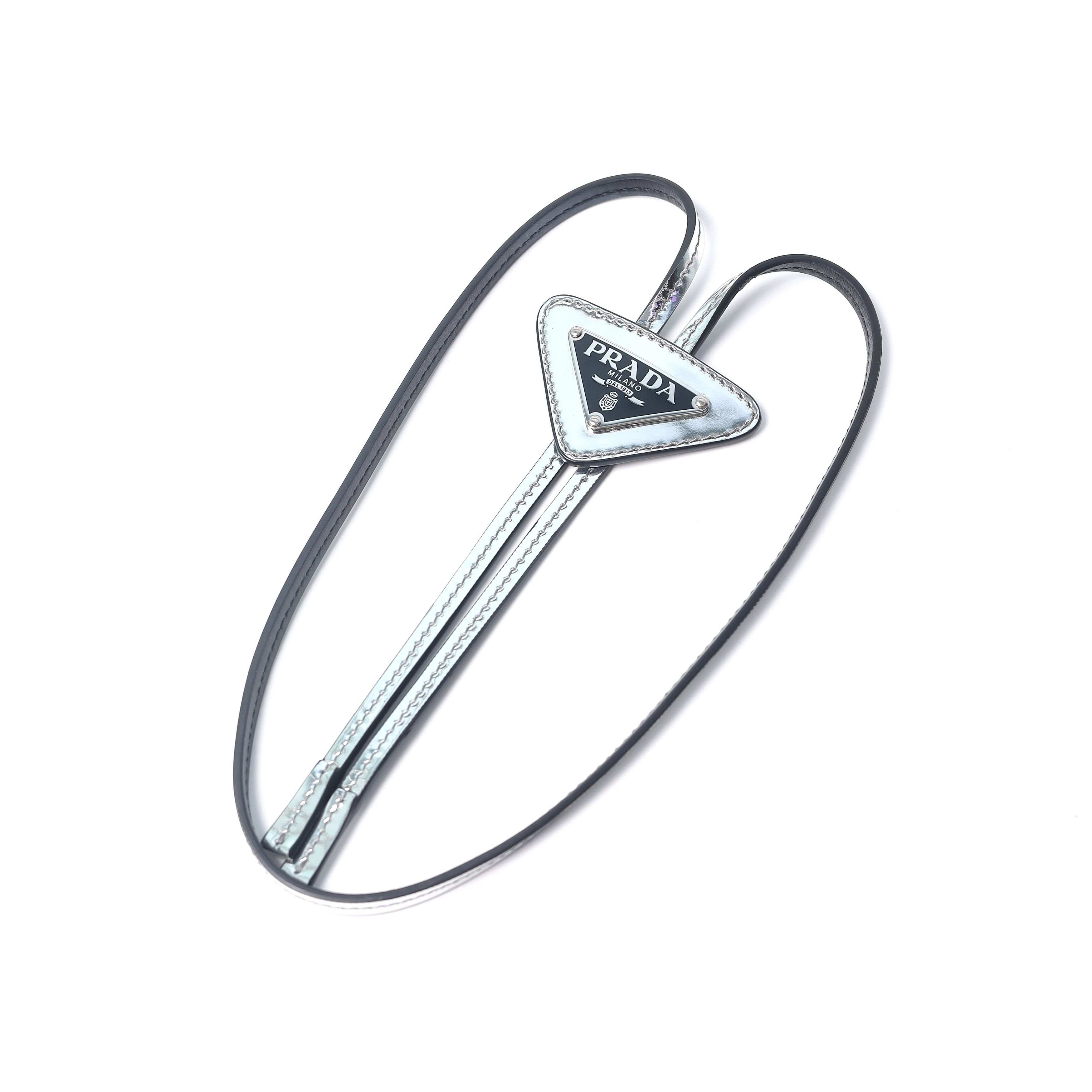 image of Prada Silver Brushed Leather Bolo Tie, Men's
