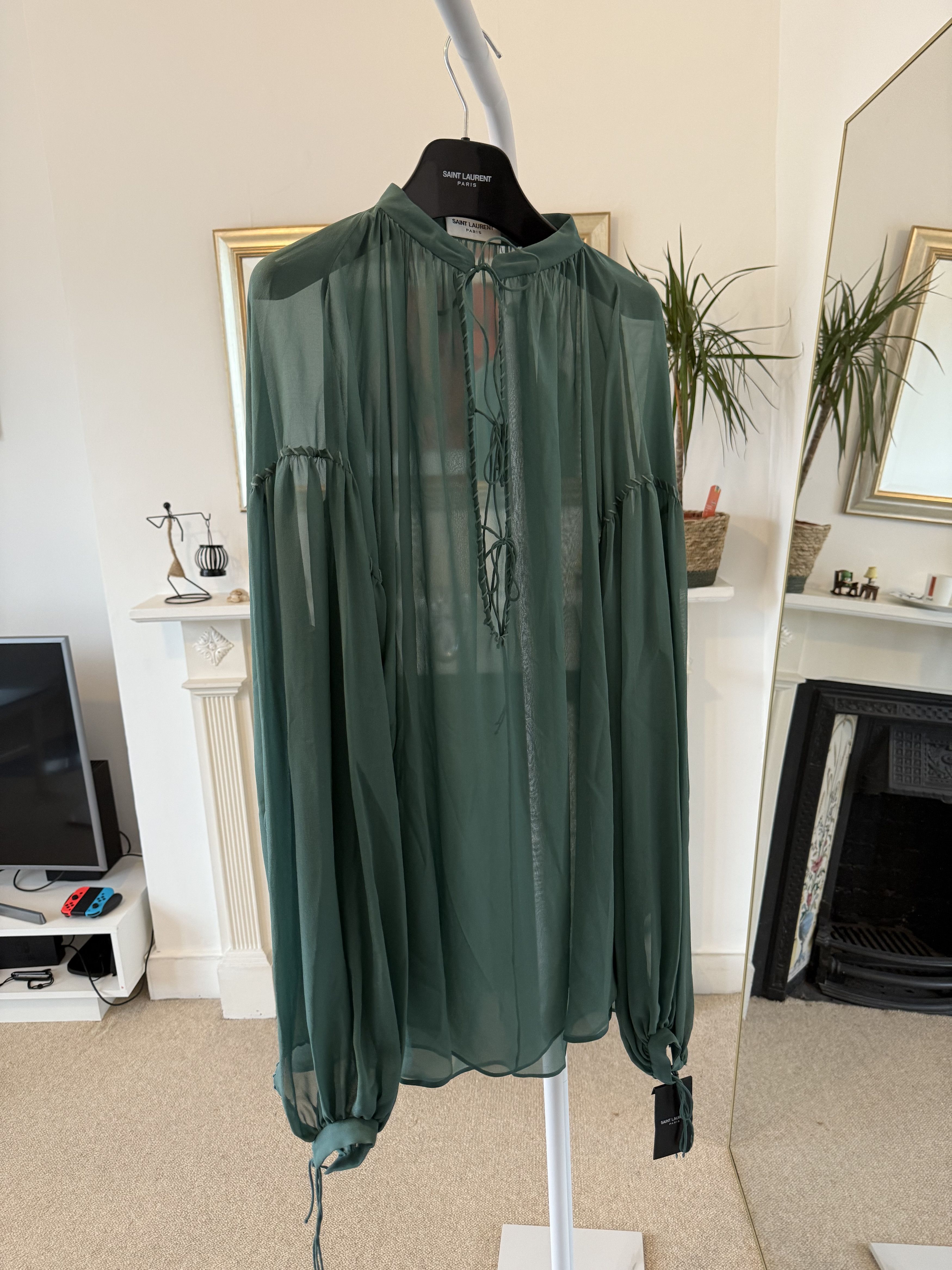 Saint Laurent Paris SS22 Saint Laurent Blouse in Silk Georgette Teal Size US L / EU 52-54 / 3 - 3 Thumbnail