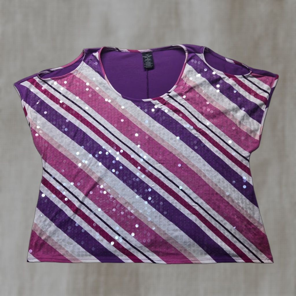Faded Glory Faded Glory Shirt T-Shirt Purple Sequin Open Shoulder Sleeveless 3X Women Plus Aztec Casual Size XXL / US 16-18 / IT 52-54 - 1 Thumbnail