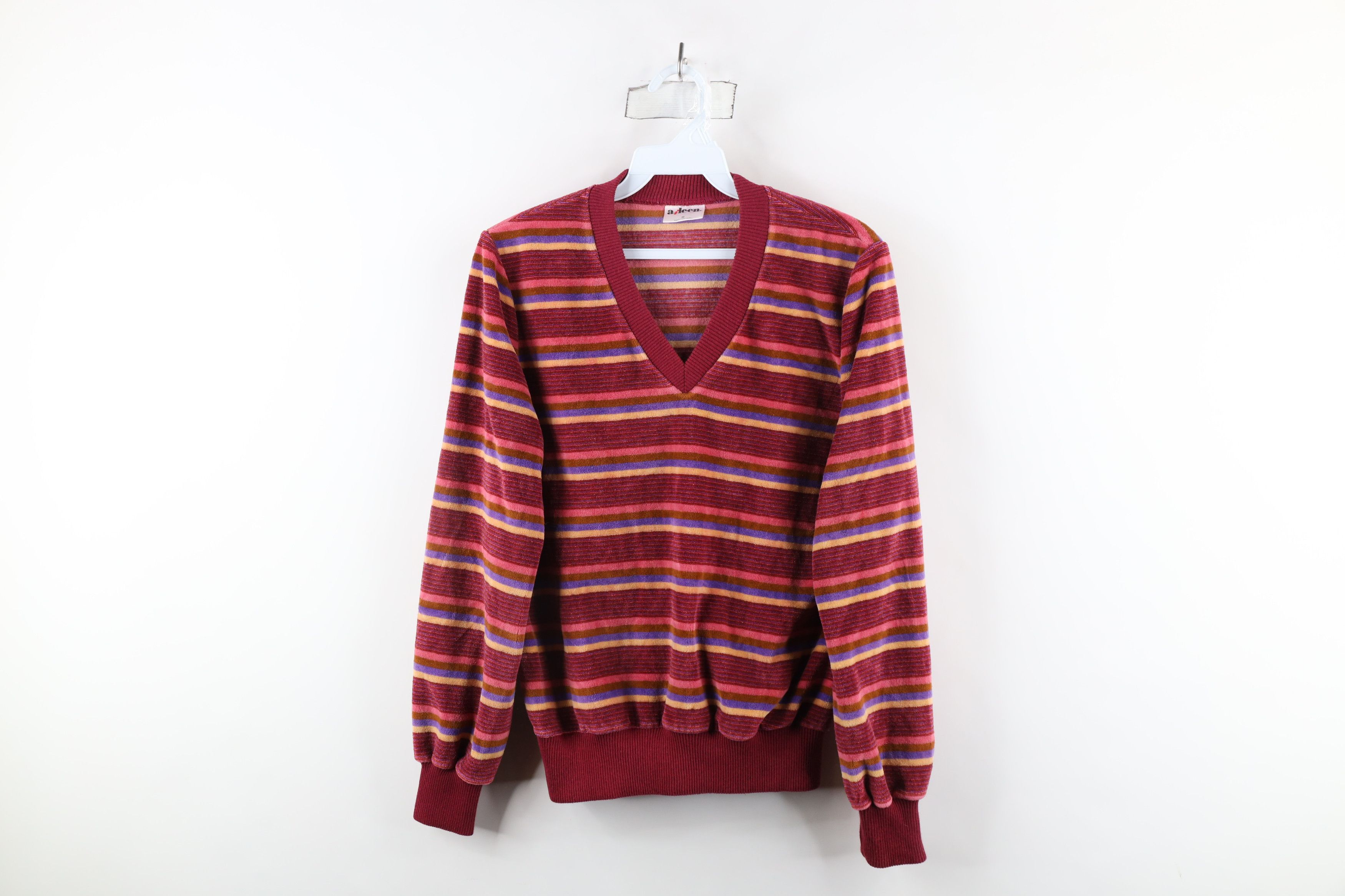 Vintage Vintage 90s Streetwear Striped Velour V-Neck Sweater USA Size M / US 6-8 / IT 42-44 - 1 Thumbnail