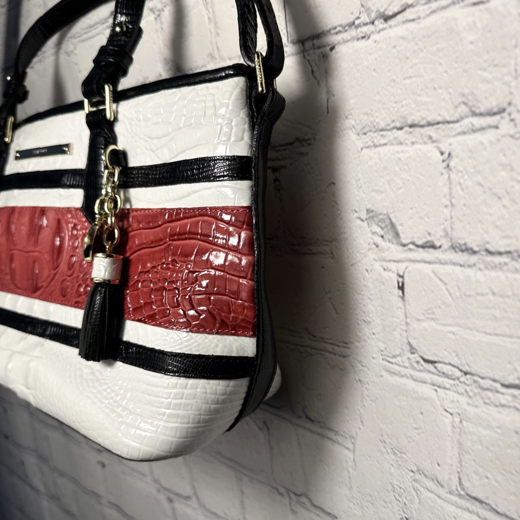 BRAHMIN Brahmin Melbourne Collection Mini Asher Croc Embossed Leather Tote Bag Red Shoulder Bag Women Zip Pockets Tassel 22k Gold Beig e Lining Brown/Beige? Size ONE SIZE - 7 Thumbnail