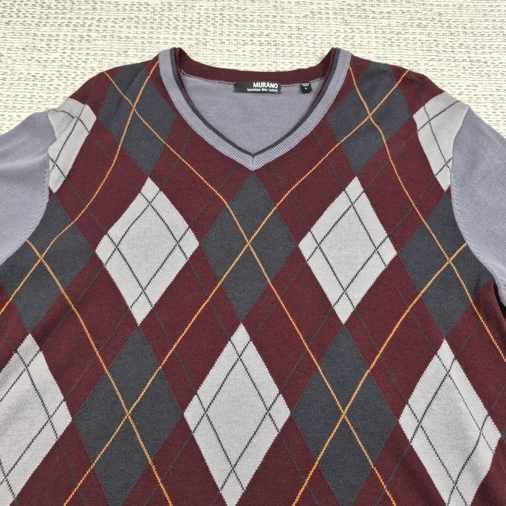 Murano Murano Mens Large Gray Burgundy Argyle V Neck Soft Cotton Knit Pullover Sweater Size US L / EU 52-54 / 3 - 4 Thumbnail