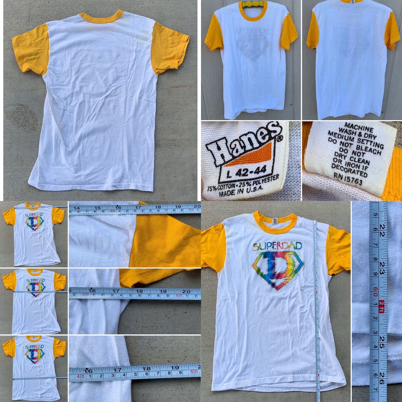 Hanes VINTAGE Hanes Iron On Tee Shirt Rainbow SUPERDAD Yellow Sleeves Ringer Neck 70s L Mens Size US L / EU 52-54 / 3 - 8 Thumbnail