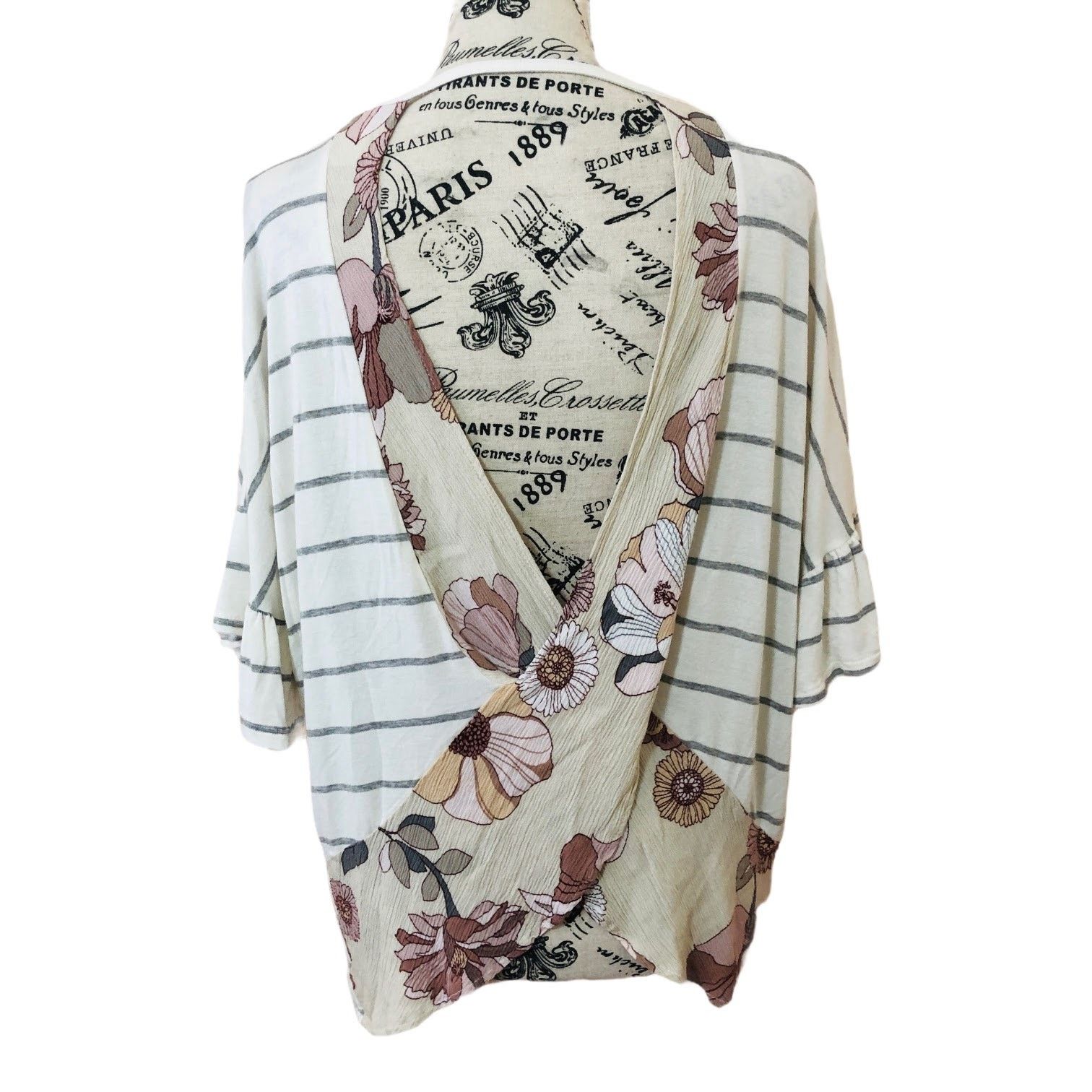 Other Stripe Floral Open Cross Back Mixed Material Bell Sleeve Top Size M / US 6-8 / IT 42-44 - 5 Thumbnail