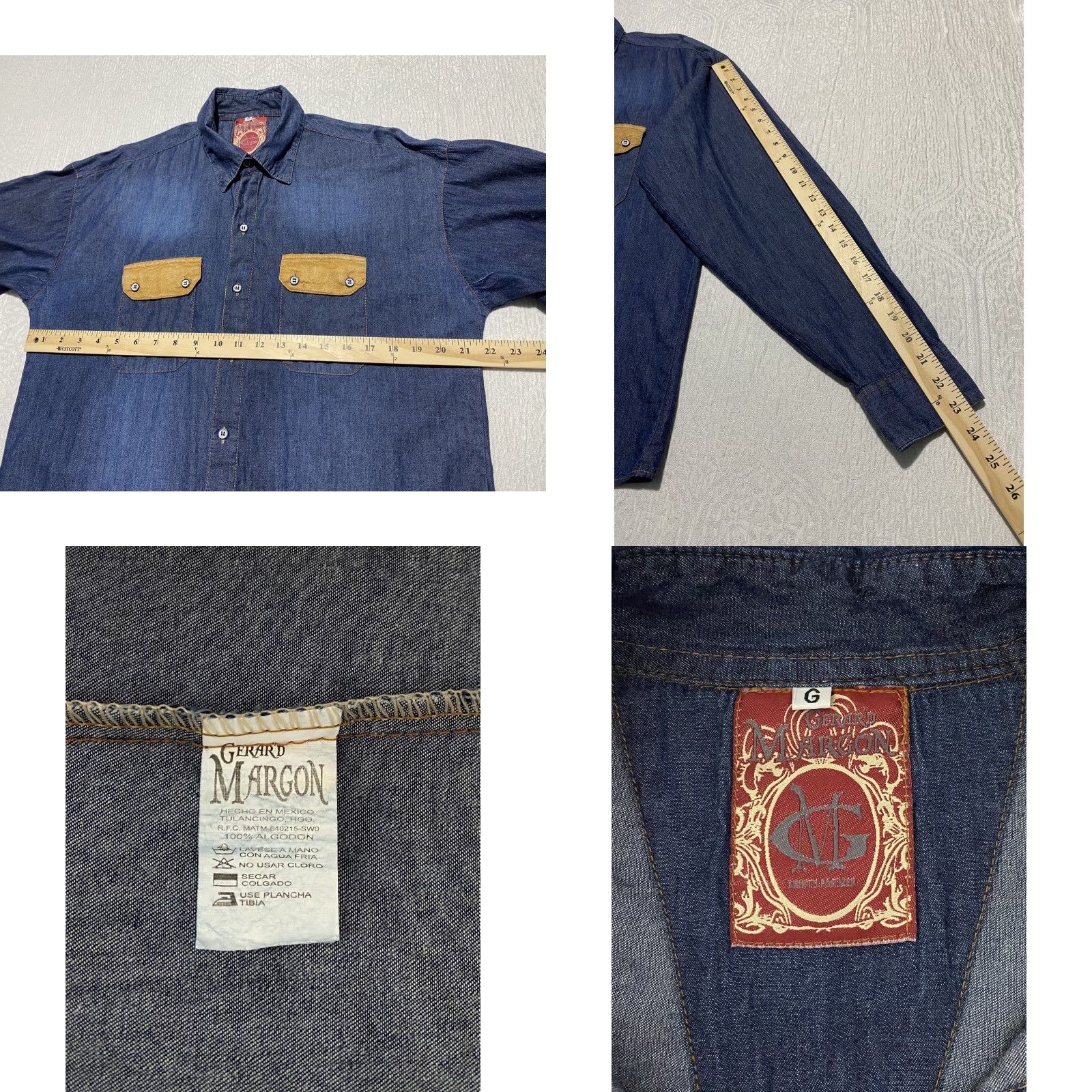 Denime VINTAGE Gerard Margon Shirt Mens Large Blue Denim Western Suede Elbow Patch Long Sleeve Size US L / EU 52-54 / 3 - 8 Thumbnail