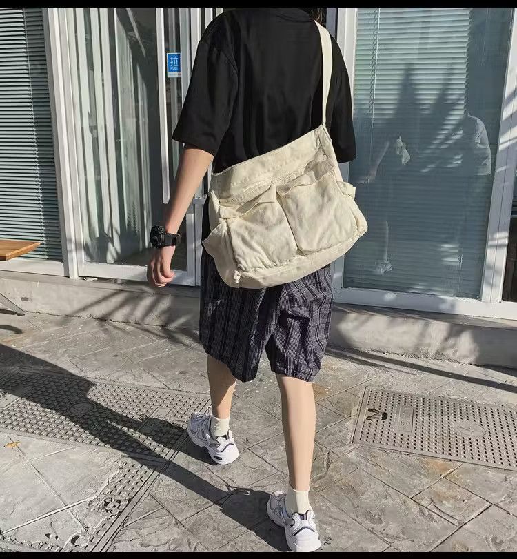 image of Solid Large Capacity Casual Canvas Shoulder Bags in White, Men's