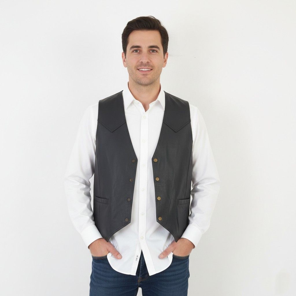 Leather Vintage Men L Waistcoat Black Leather Snap Front 6893 Size US L / EU 52-54 / 3 - 1 Thumbnail