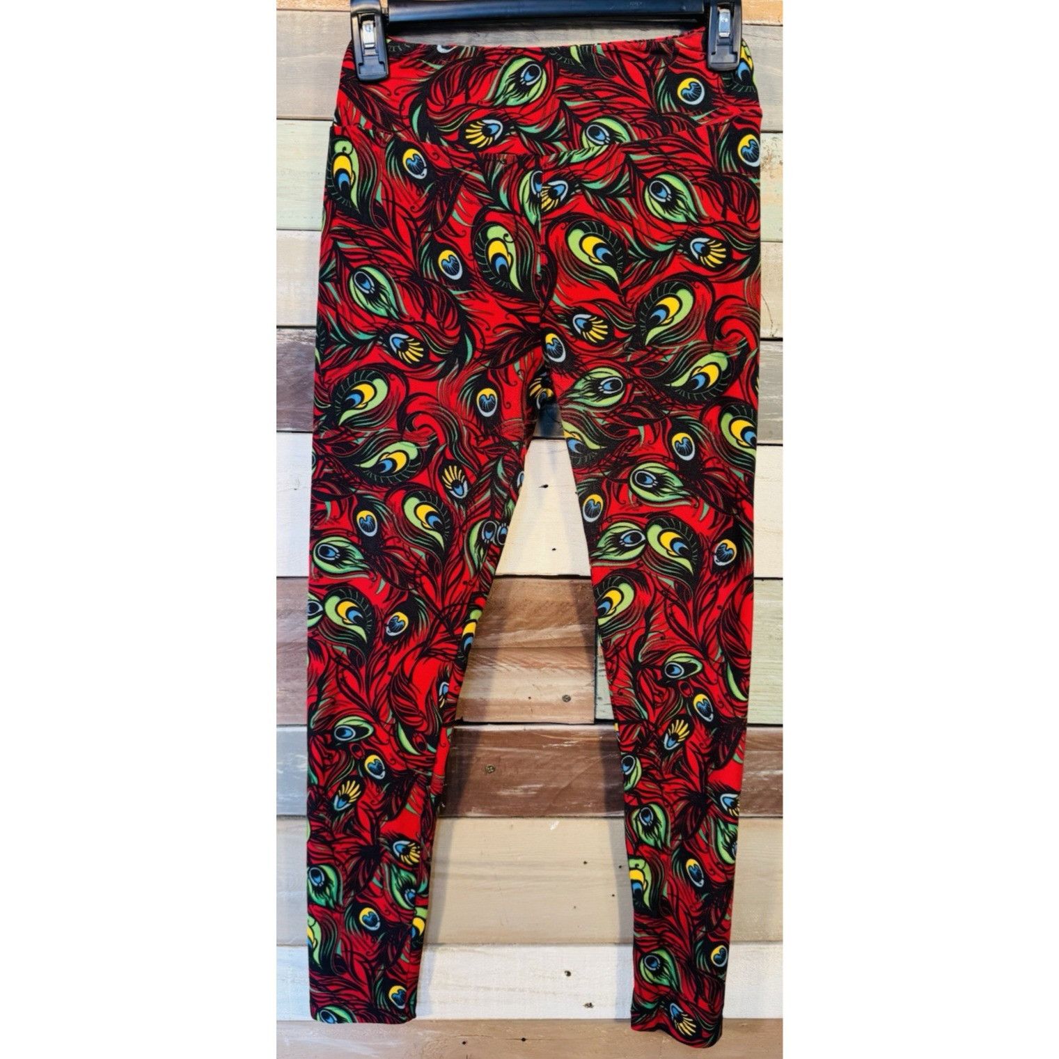 Other LuLaRoe Leggings OS One Size RED PEACOCK FEATHERS Used Condi Size 29" - 1 Thumbnail