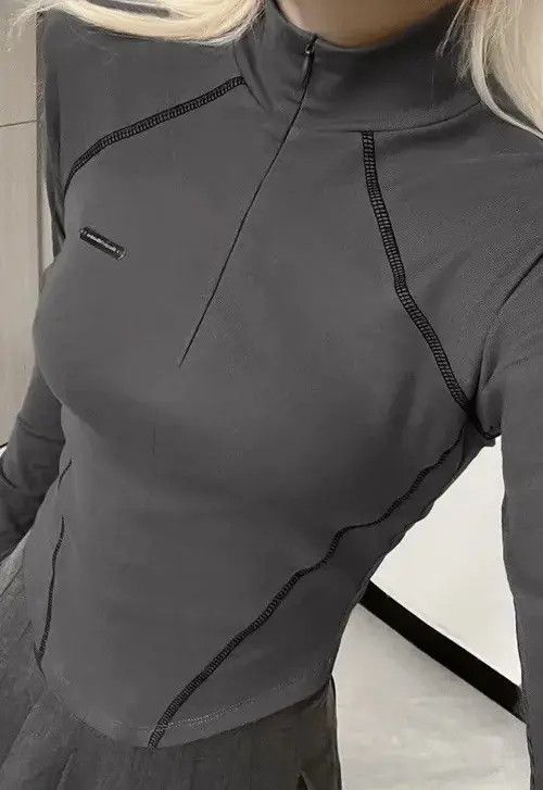Japanese Brand Sweetown Gray Stitched Tops Women Zip Up Size ONE SIZE - 4 Thumbnail