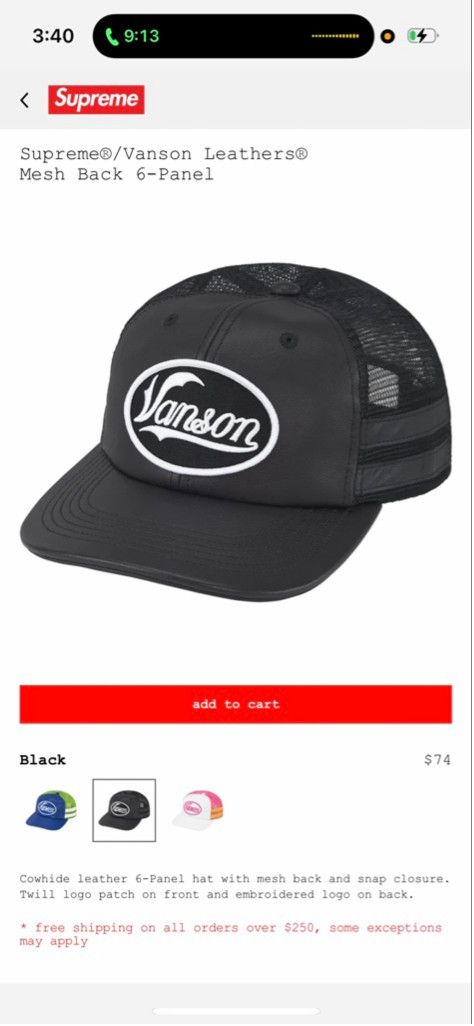 Supreme Supreme x Vanson Leathers Mesh Back 6-Panel Hat Black Size ONE SIZE - 1 Thumbnail