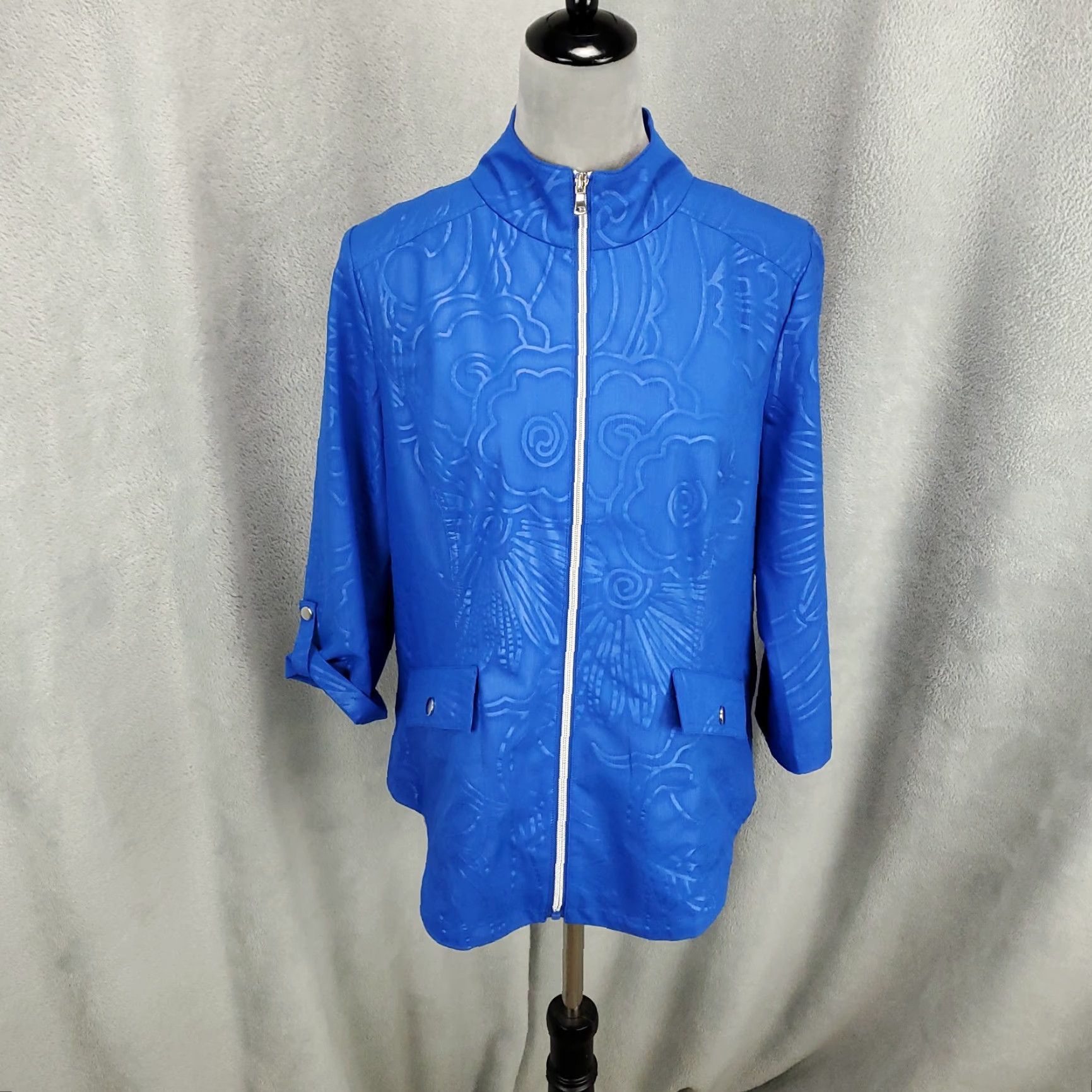 Vintage Chico's Zynergy Jacket Womens M Blue Floral Design Full Zip Long Sleeve Pockets Casual Travel Size M / US 6-8 / IT 42-44 - 2 Thumbnail