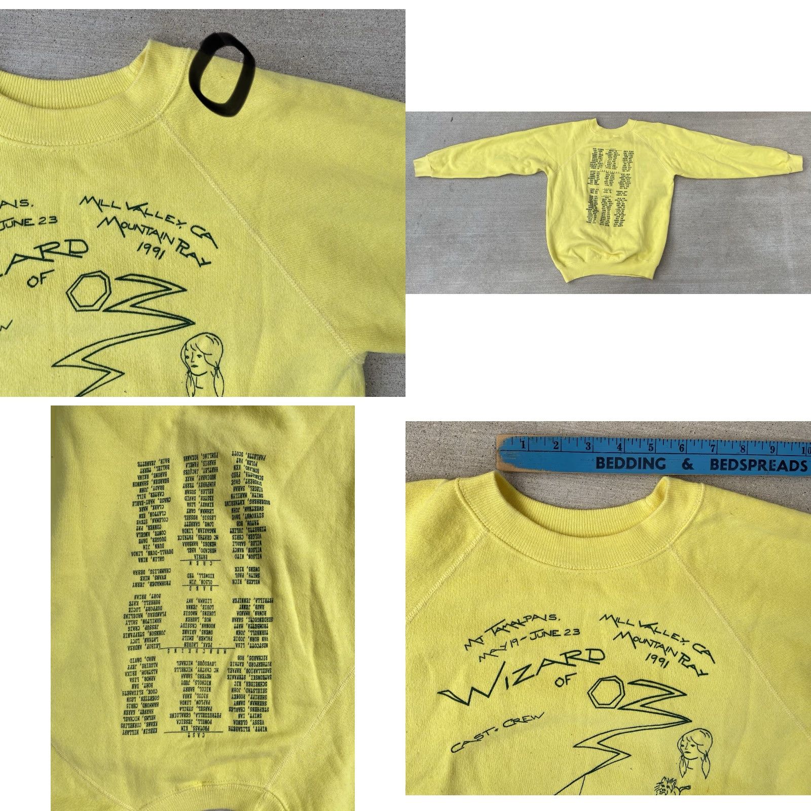 Hanes VINTAGE Wizard Of Oz Cast + Crew Mt Tamalpais 1991 Sweatshirt Hanes Yellow M Mens Pullover Graphic Print 90s Movie Dorothy raglan Sweatshirt Size US M / EU 48-50 / 2 - 10 Thumbnail