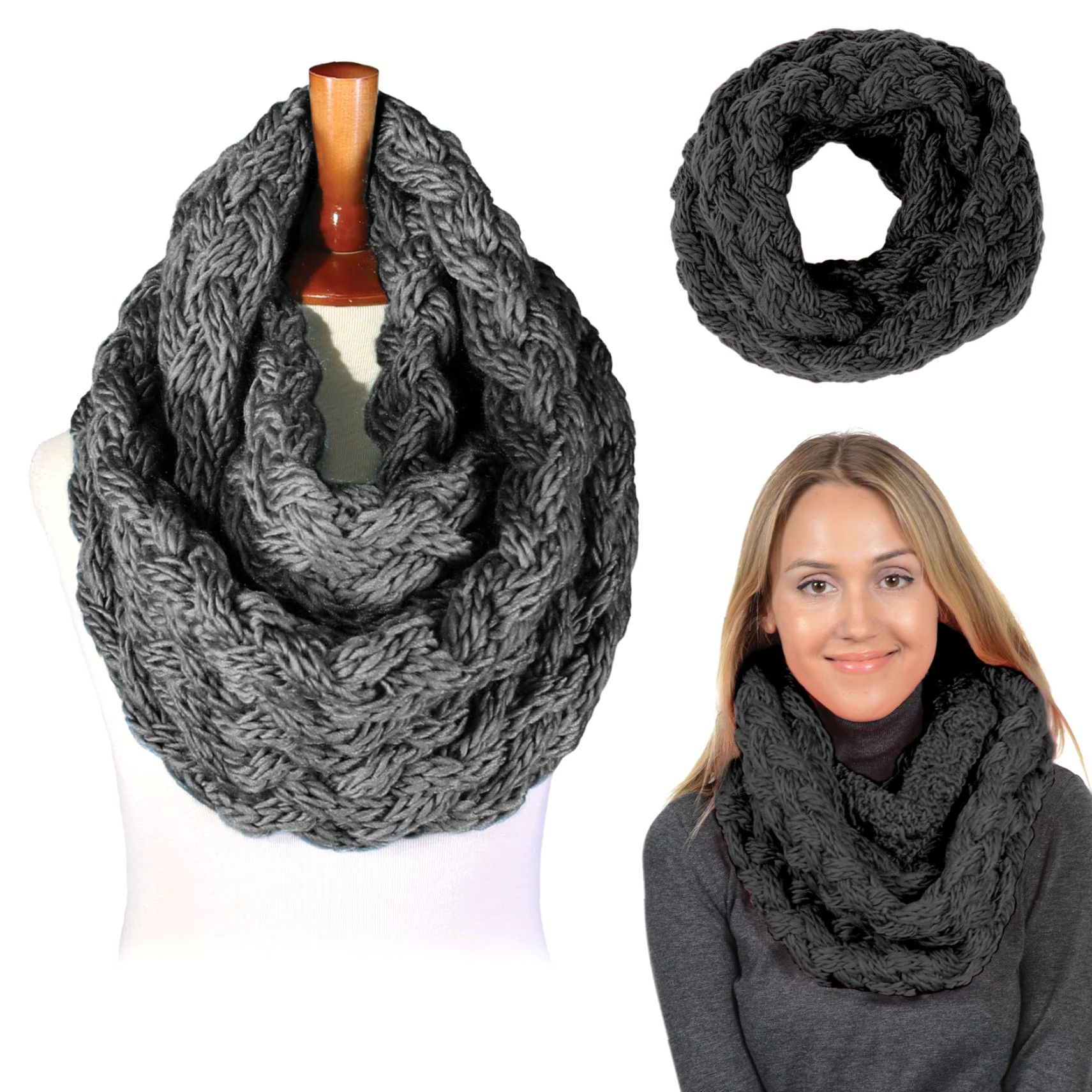 Vintage BASICO Winter Chunky Knitted Infinity Scarf Women Gray Charcoal Infinity Scarf Circle Loop Cable Warm Womens Winter Scarf Size ONE SIZE - 4 Thumbnail
