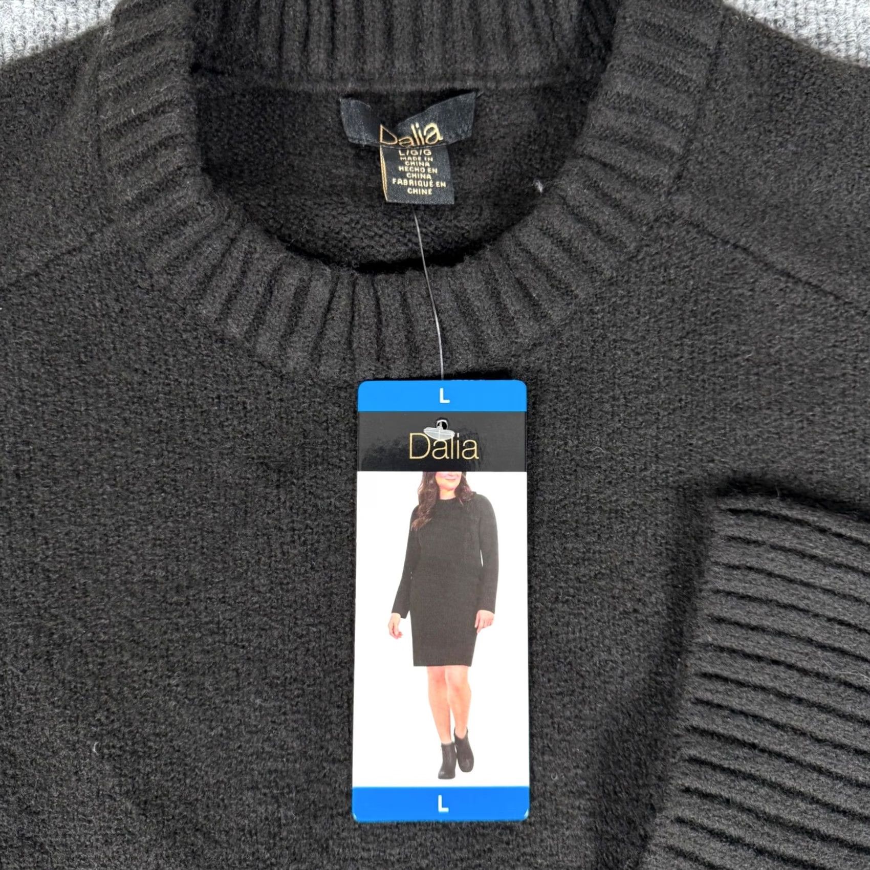 Vintage Dalia Sweater Dress Black Knit Midi Mock Neck Long Sleeve Wool Blend 80s Womens Size L / US 10 / IT 46 - 3 Thumbnail