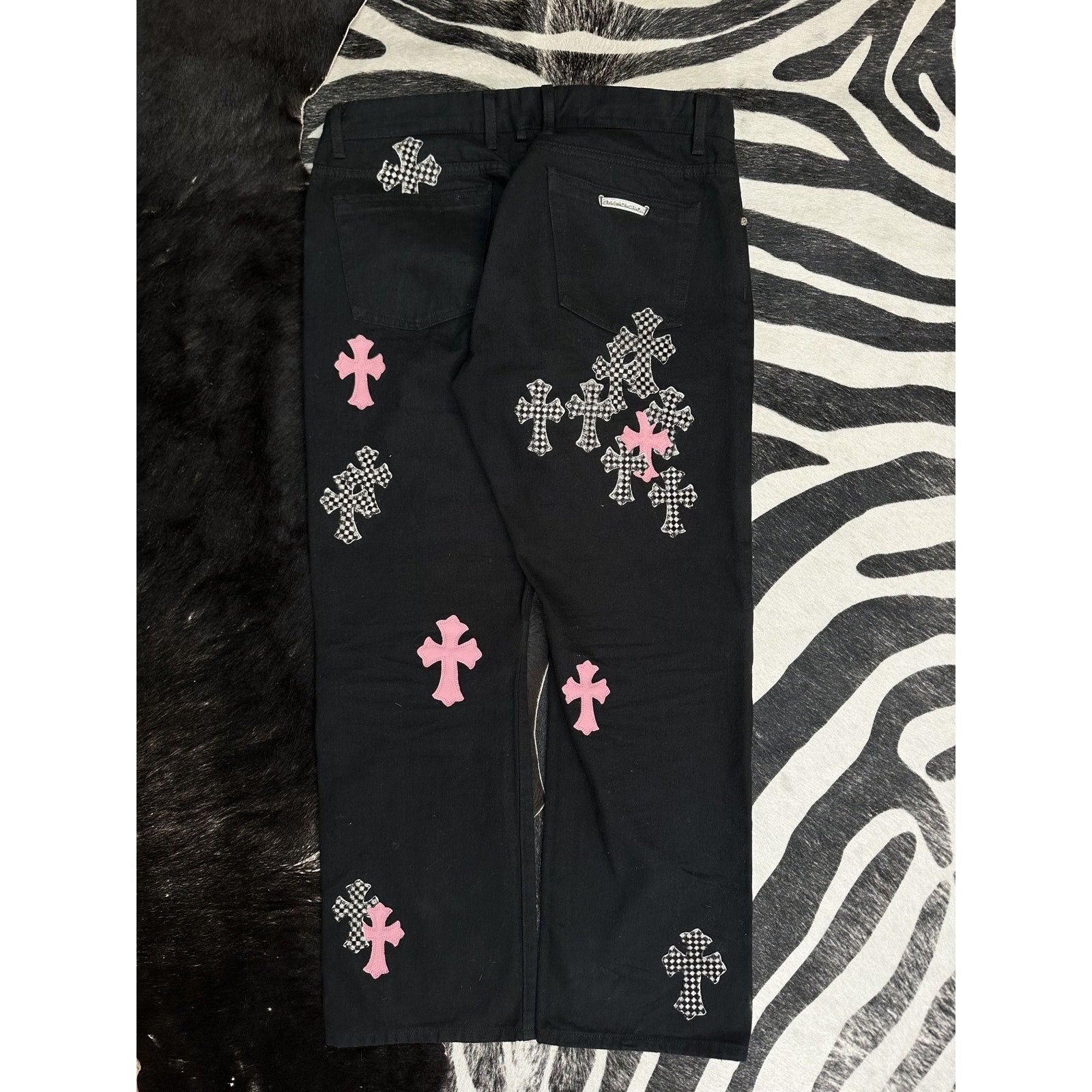 Chrome Hearts CHROME HEARTS PINK/CHECKERED FLEUR KNEE CROSS PATCH DENIM Size US 36 / EU 52 - 3 Thumbnail