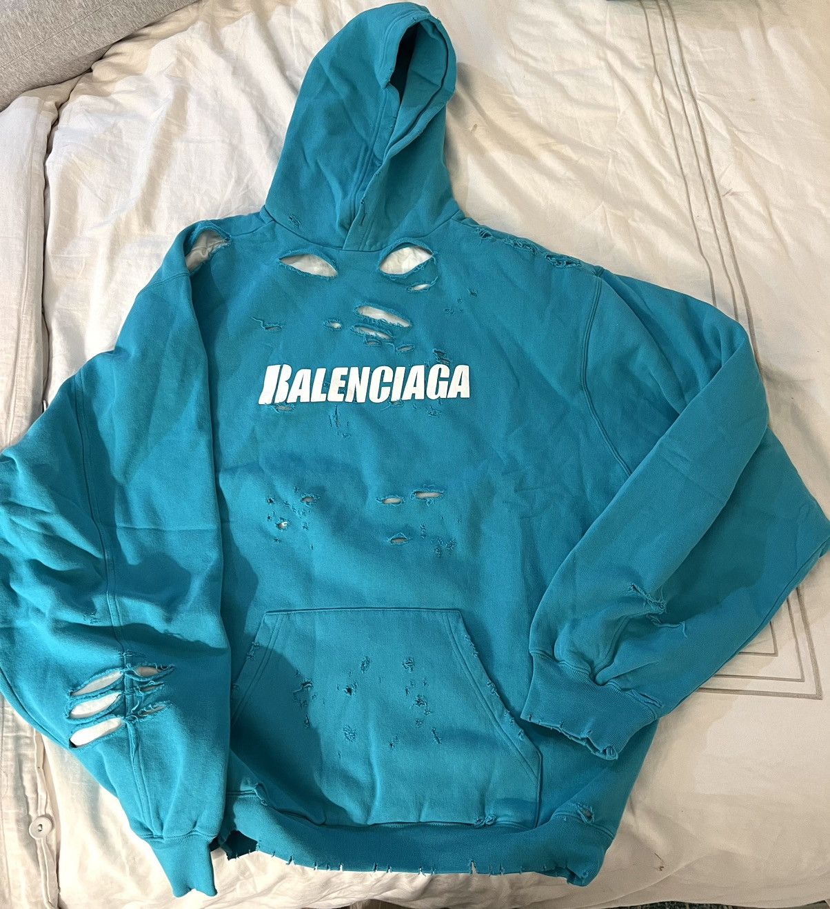 image of Balenciaga Caps Destroyed Hoodie in Blue, Men's (Size Small)