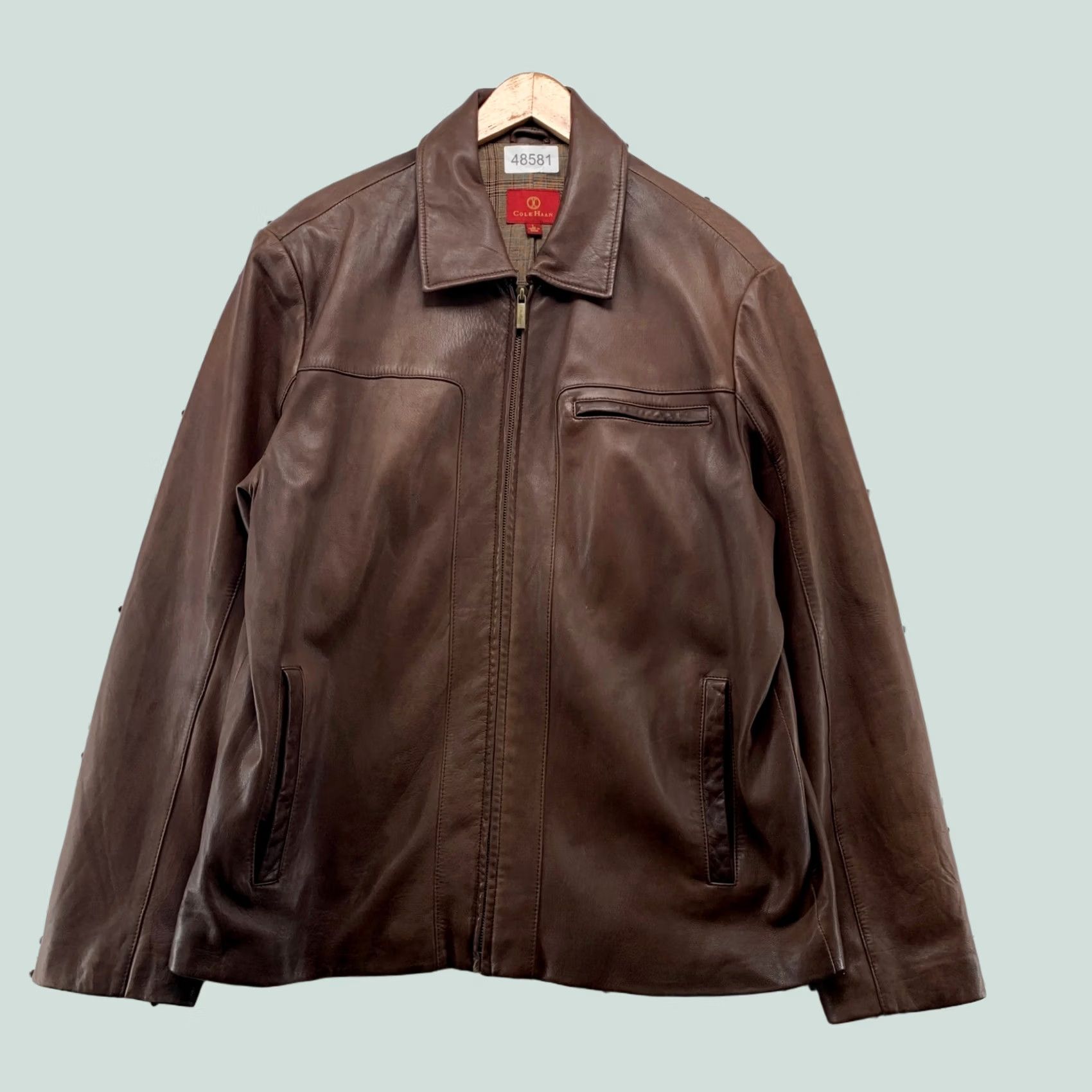 Cole Haan Cole Haan Leather Jacket Mens L Brown Lambskin Full Zip Plaid Lined Coat Size US L / EU 52-54 / 3 - 1 Thumbnail