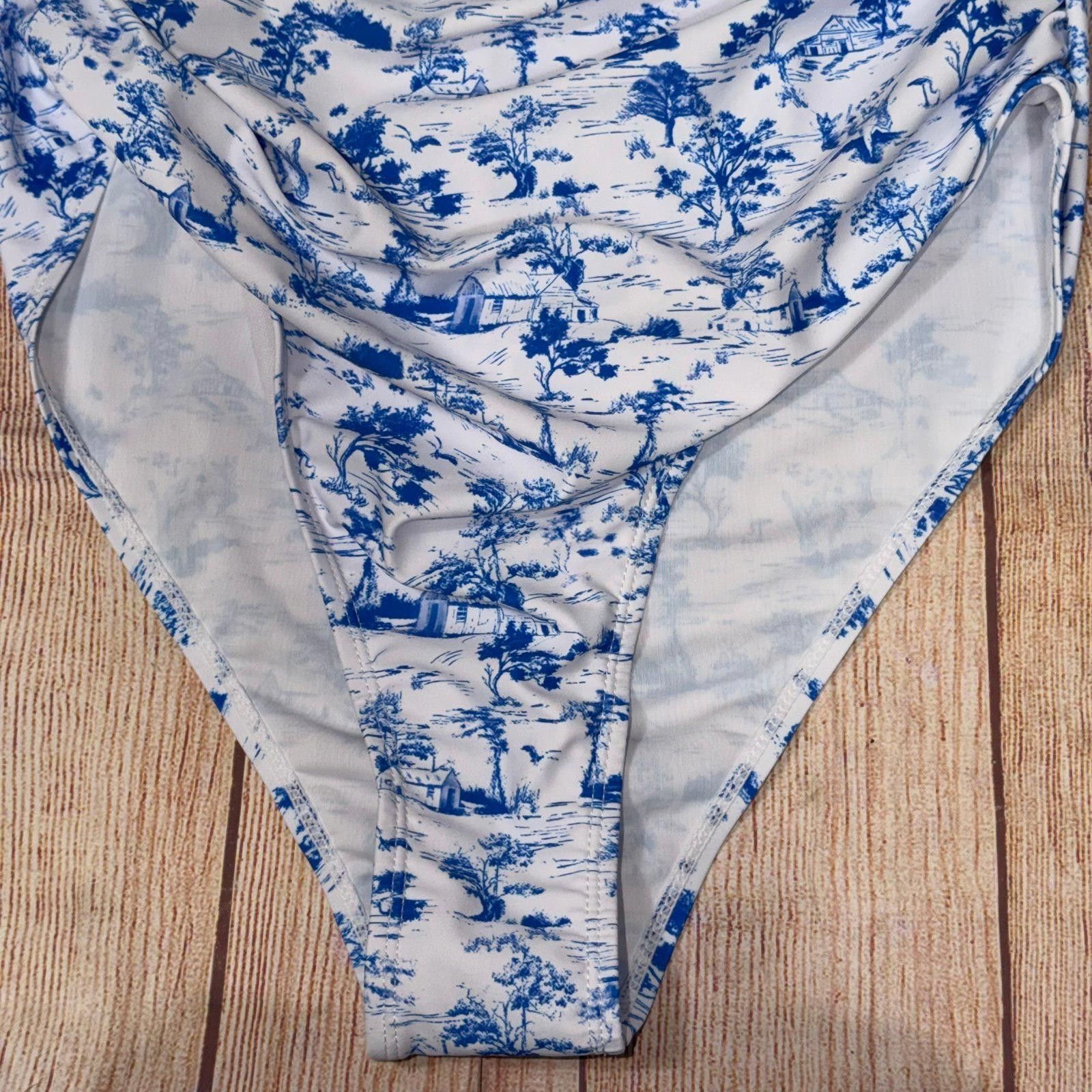 Other Blue and White Toile Print One-Piece Swimsuit, Women's Large Size ONE SIZE - 4 Thumbnail