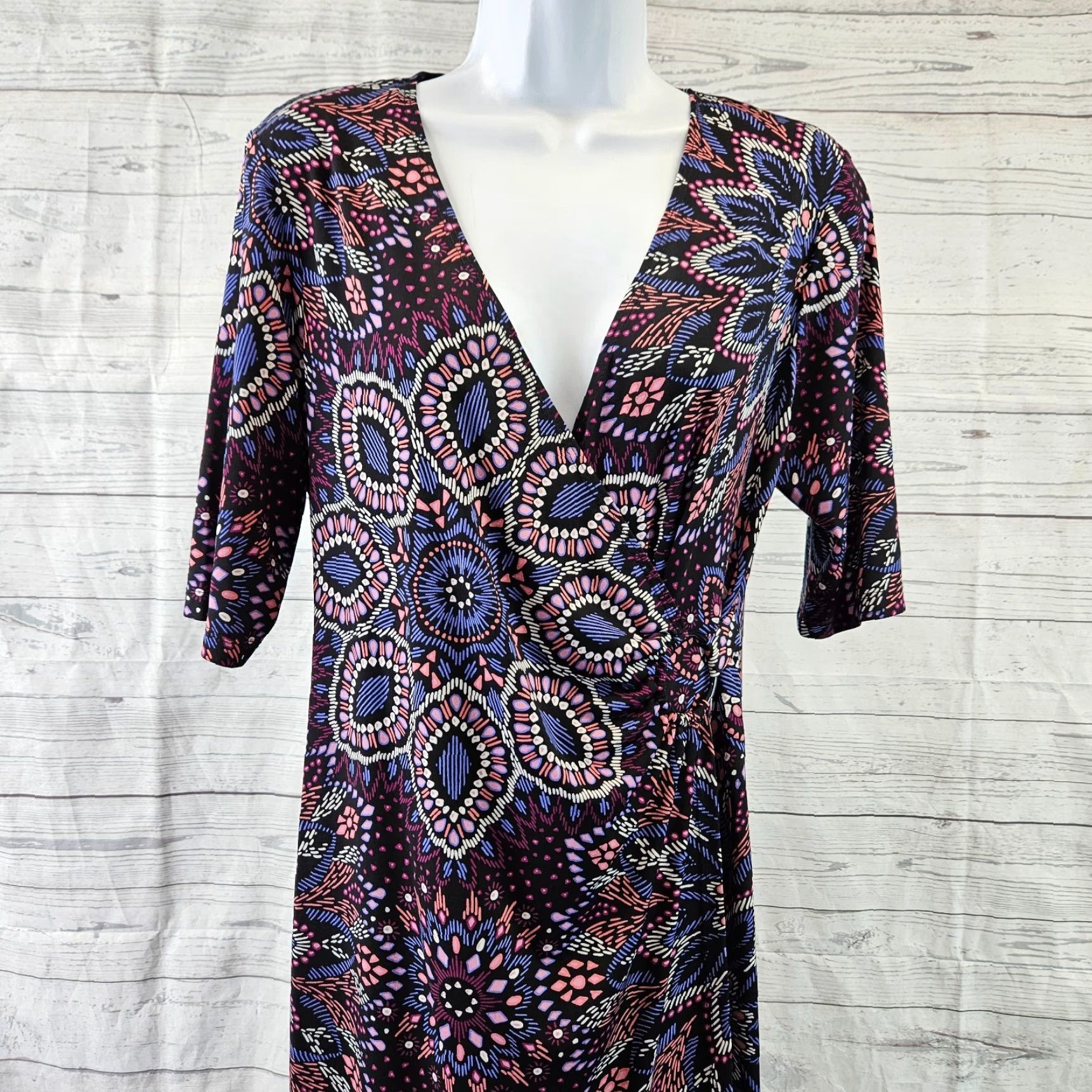 Vintage Connected Apparel Womens Faux Wrap Dress Sz 10P Black Pink Half Sleeves V-Neck Size L / US 10 / IT 46 - 2 Thumbnail